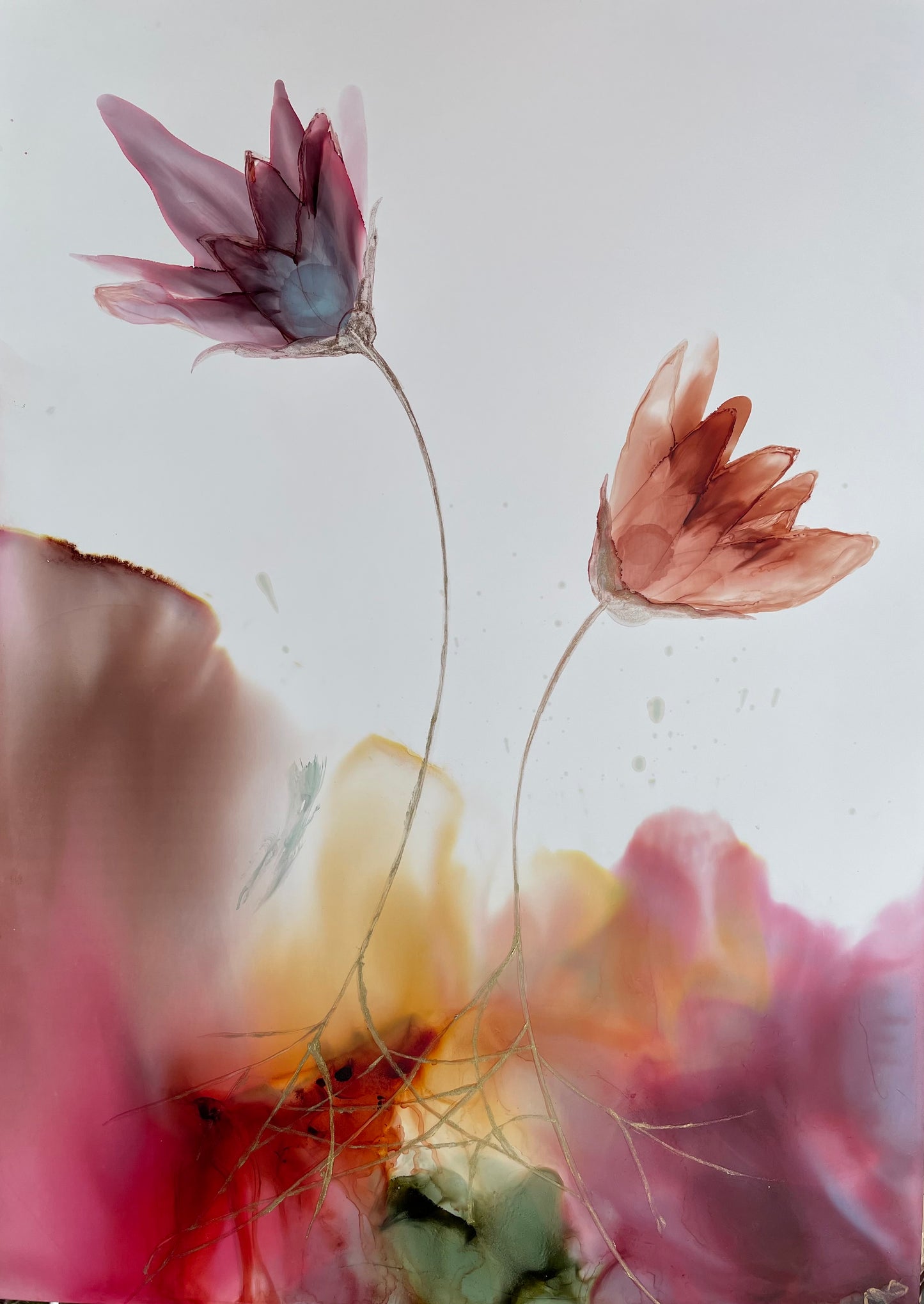 Connection - Original alcohol ink art with abstract flowers.