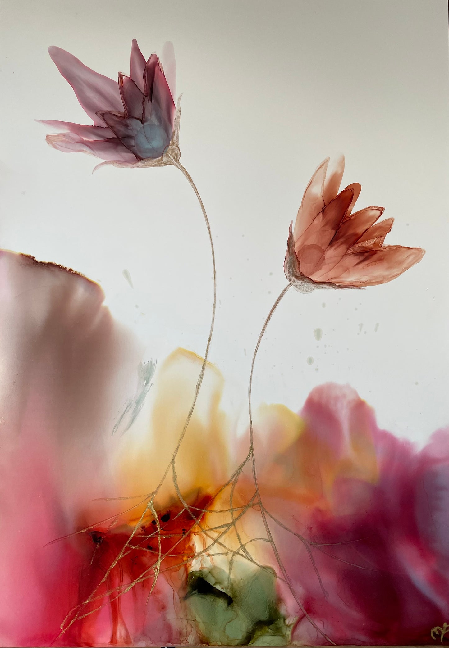 Connection - Original alcohol ink art with abstract flowers.