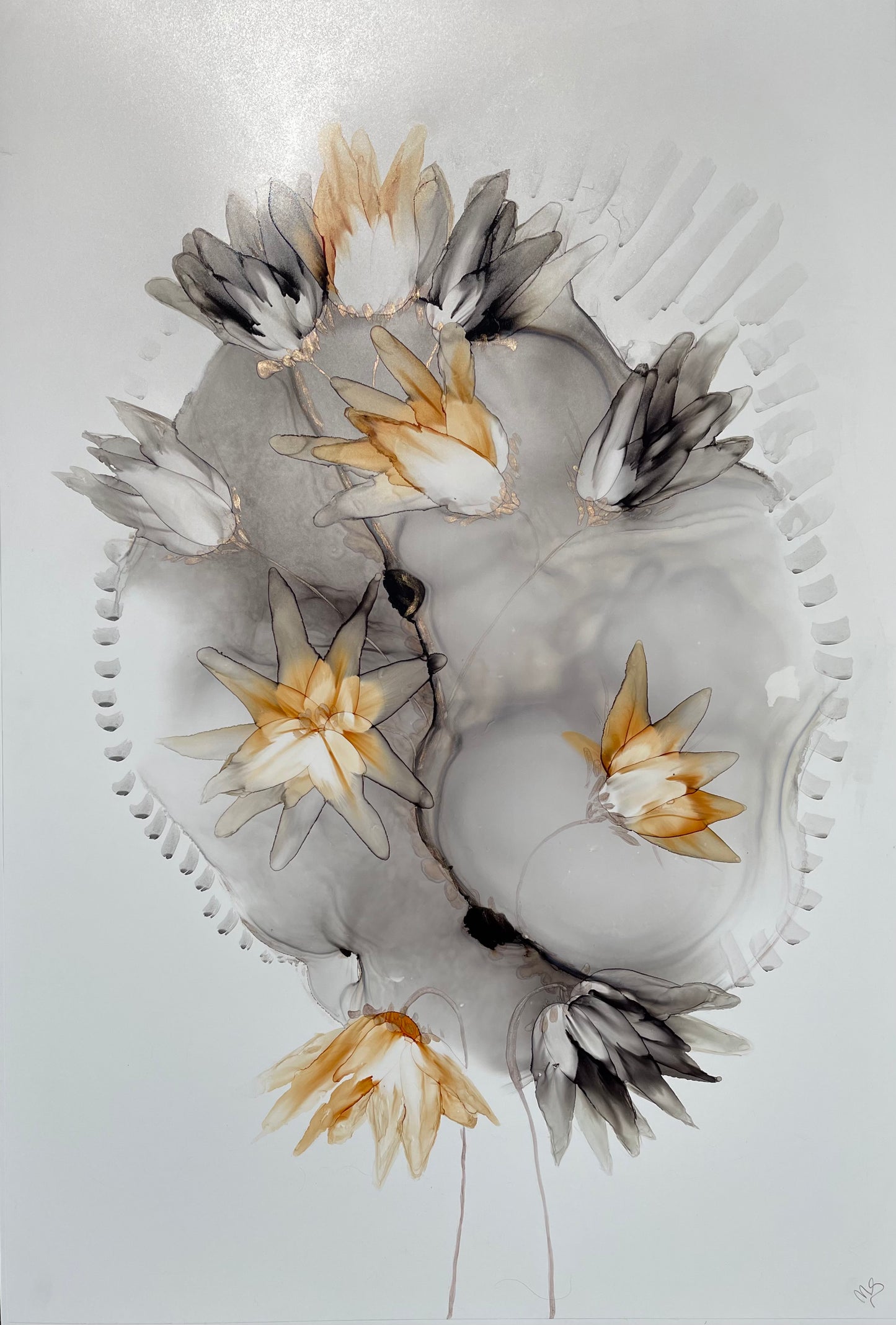 Grey Skies, original abstract floral art in grey and ochre.