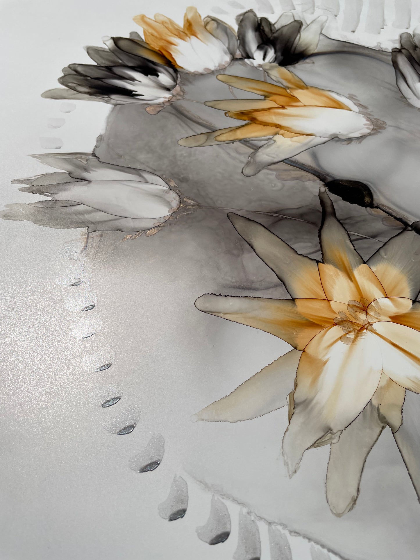 Grey Skies, original abstract floral art in grey and ochre.