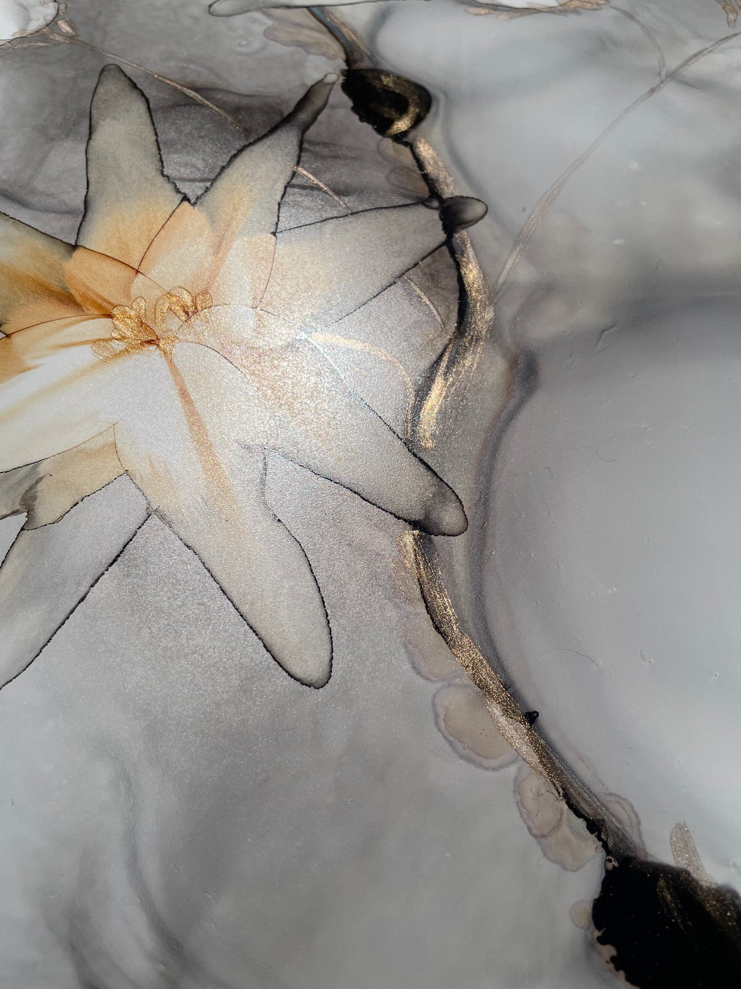 Grey Skies, original abstract floral art in grey and ochre.