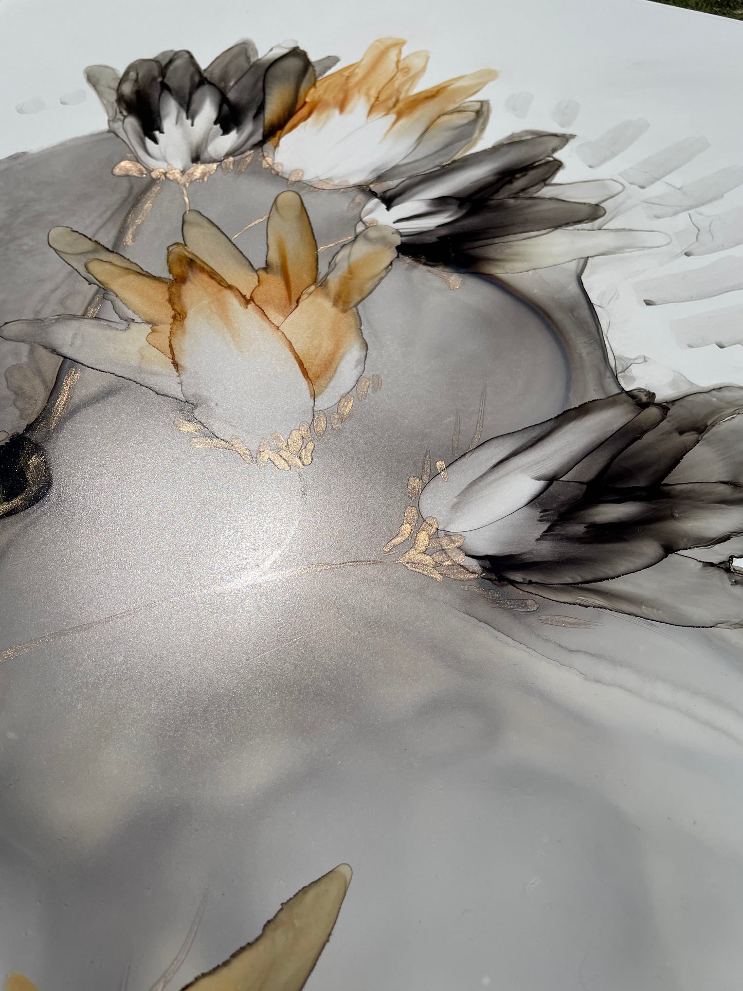 Grey Skies, original abstract floral art in grey and ochre.