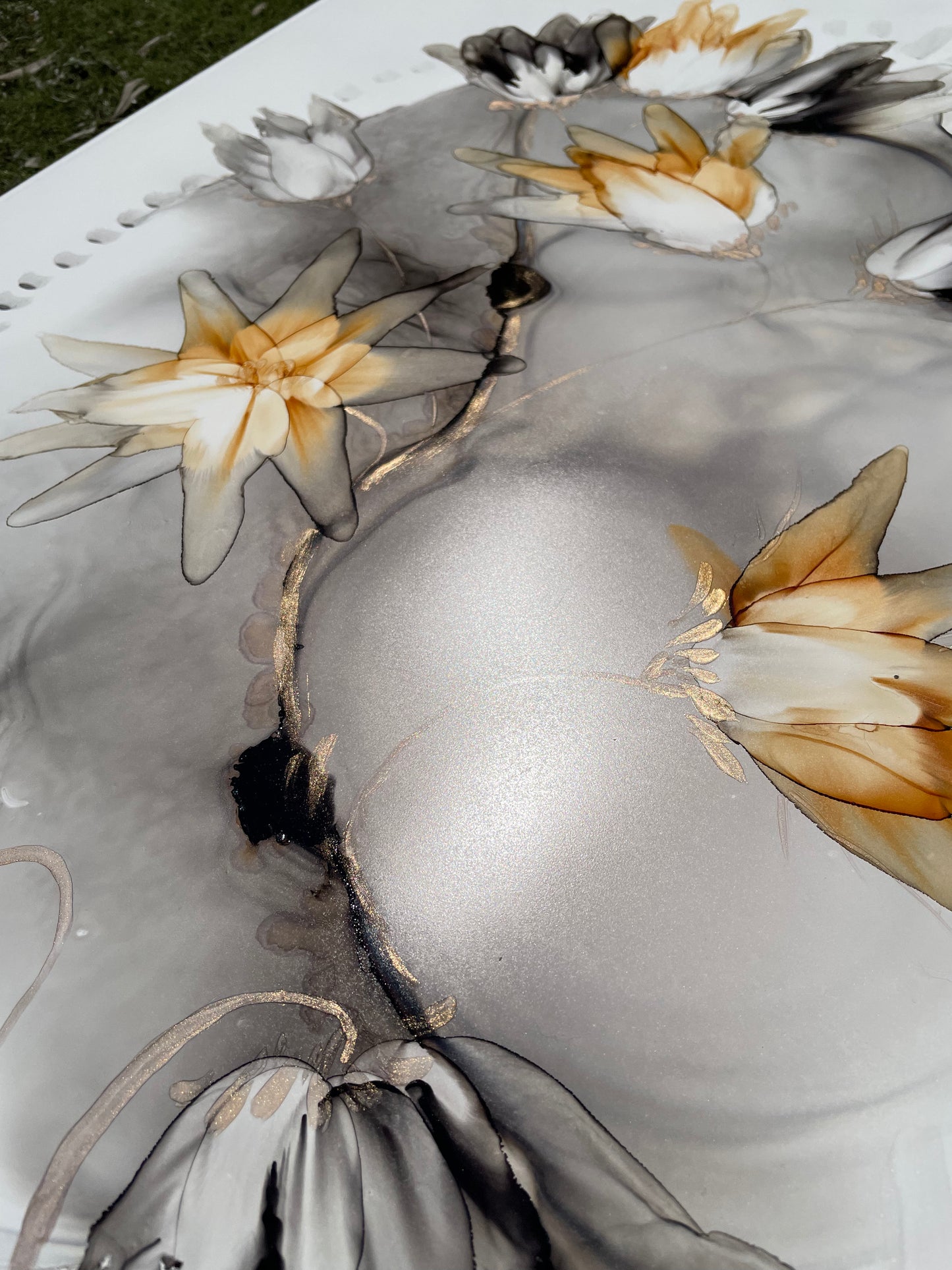 Grey Skies, original abstract floral art in grey and ochre.