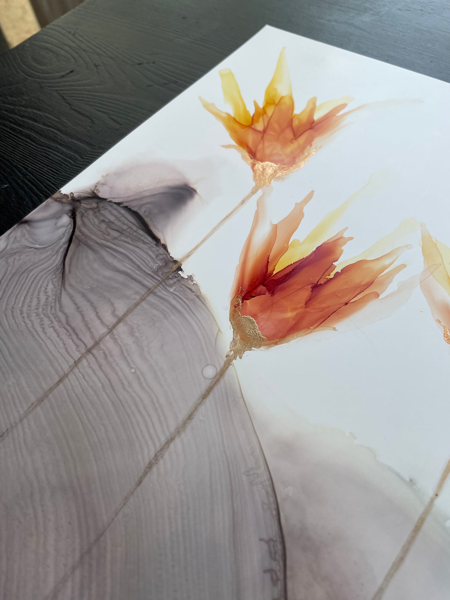 Fire and Smoke - Small alcohol ink painting with copper flowers