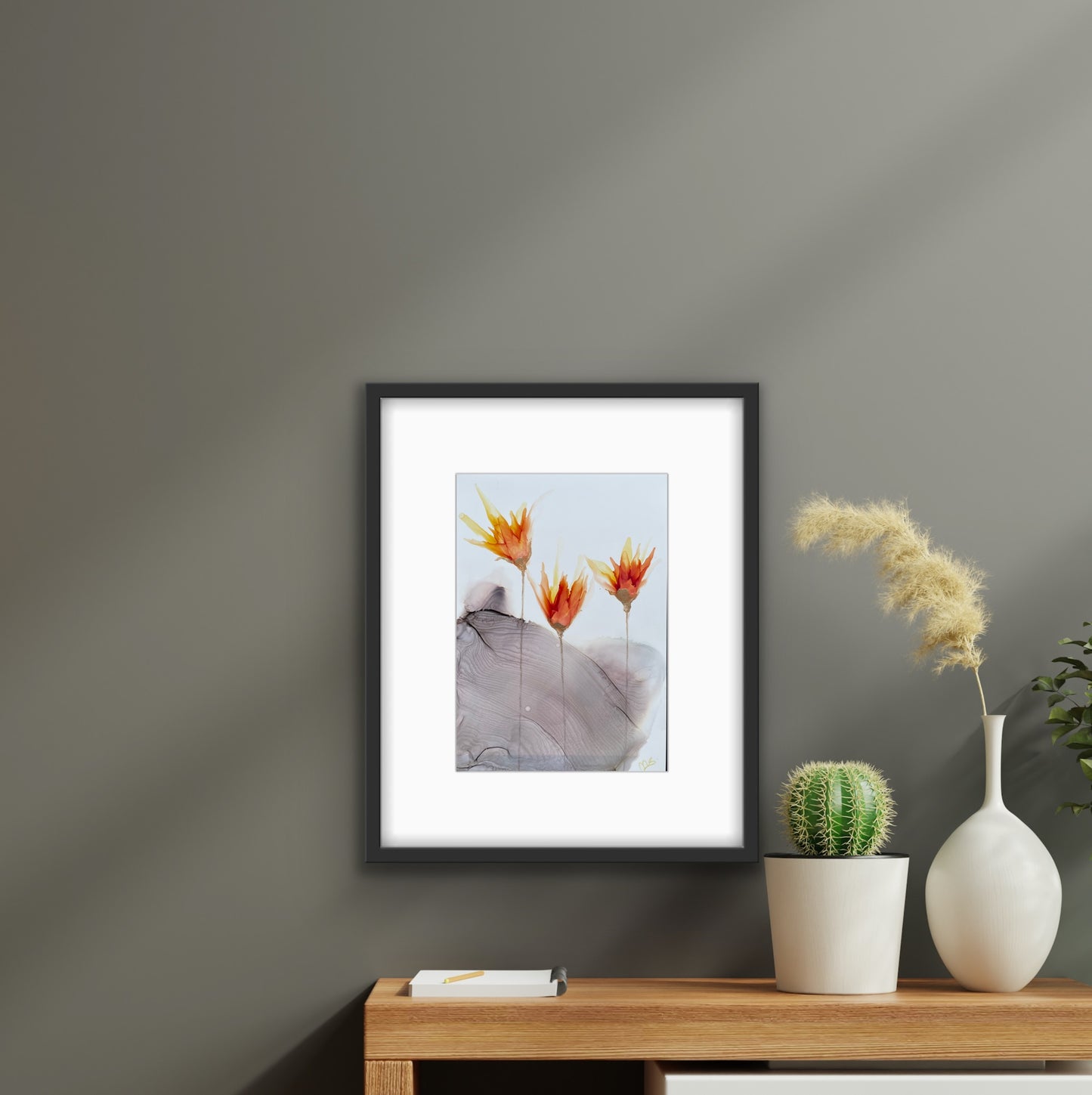 Fire and Smoke - Small alcohol ink painting with copper flowers