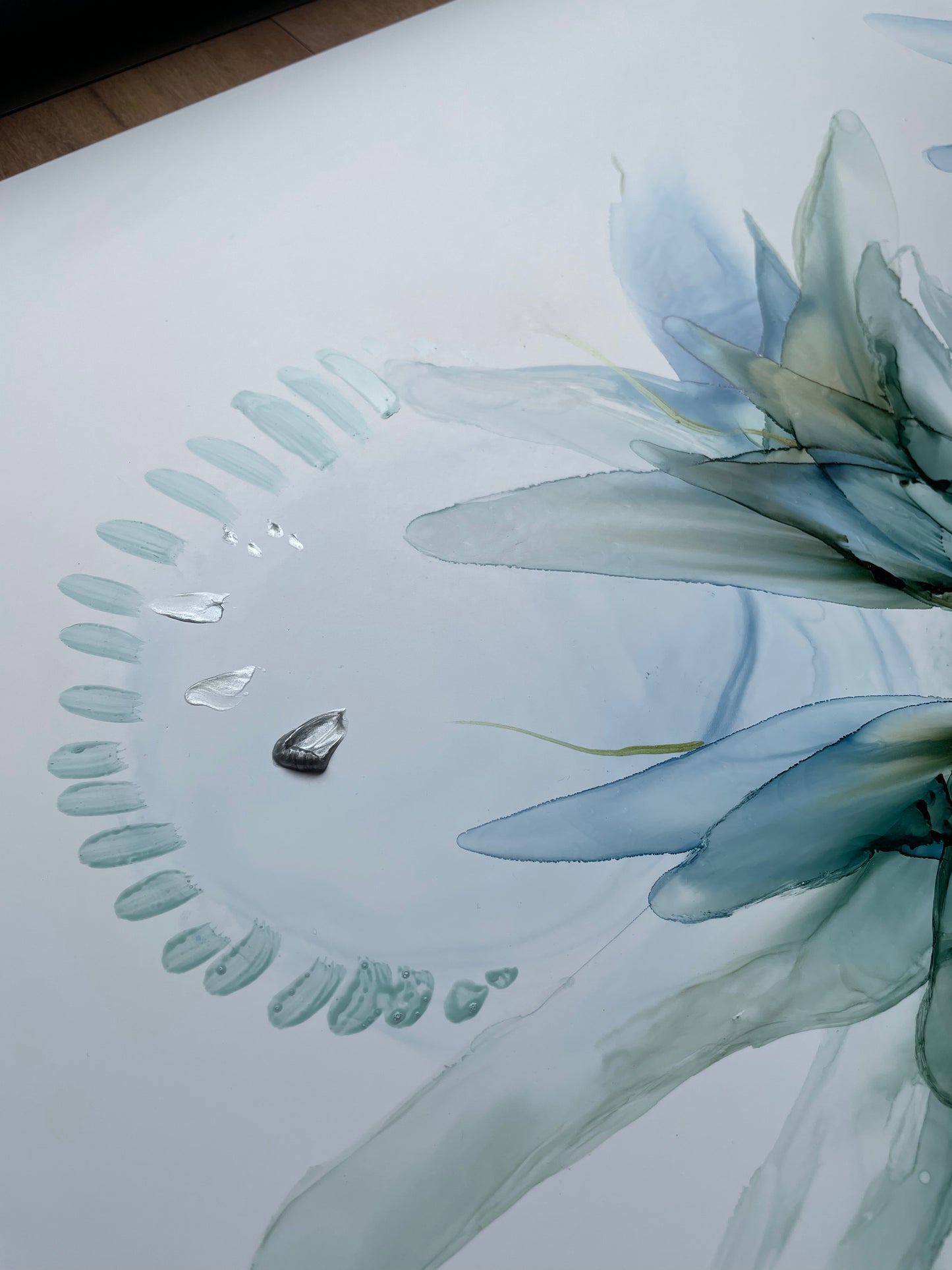 In The Gentle Breeze | large abstract artwork in blue, silver and green
