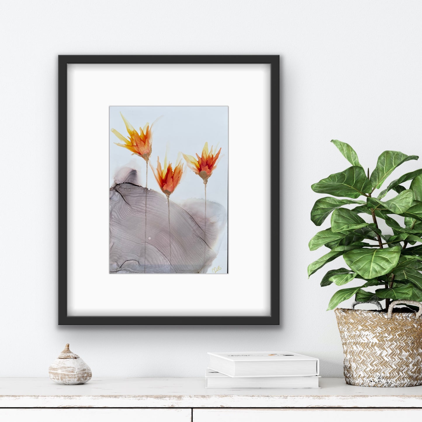 Fire and Smoke - Small alcohol ink painting with copper flowers