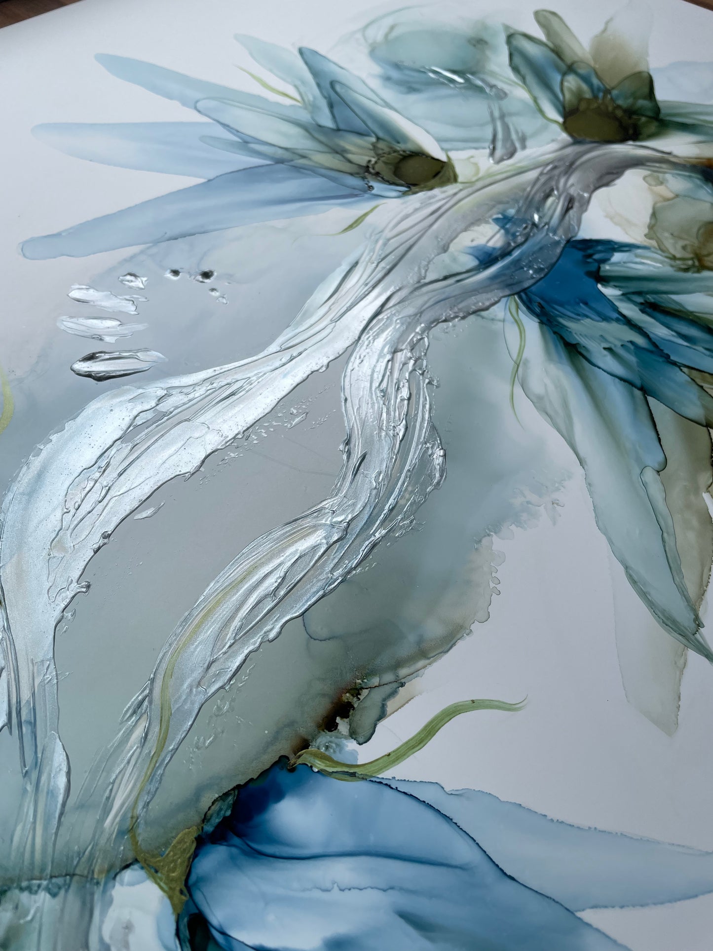 In The Gentle Breeze | large abstract artwork in blue, silver and green