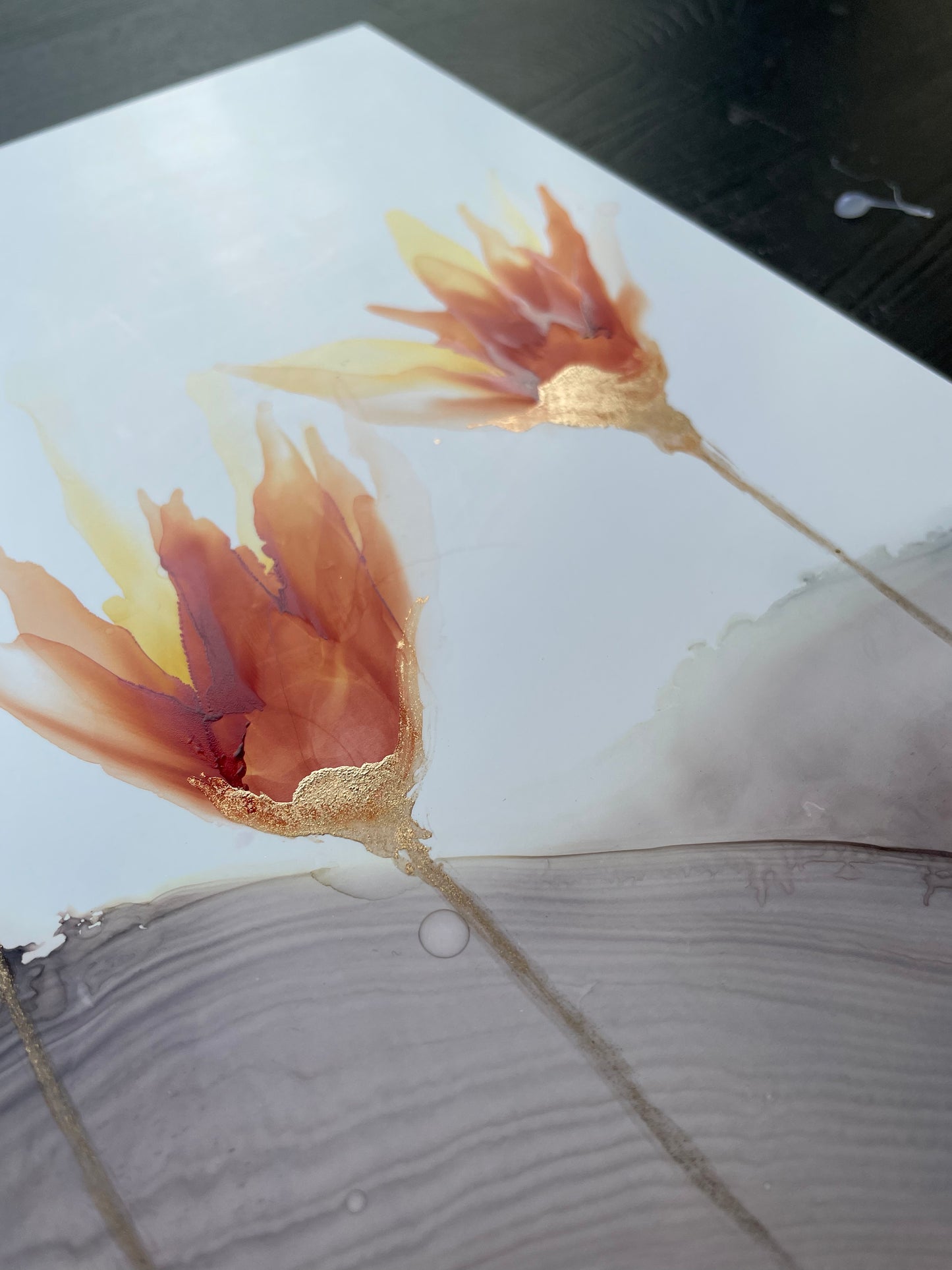 Fire and Smoke - Small alcohol ink painting with copper flowers