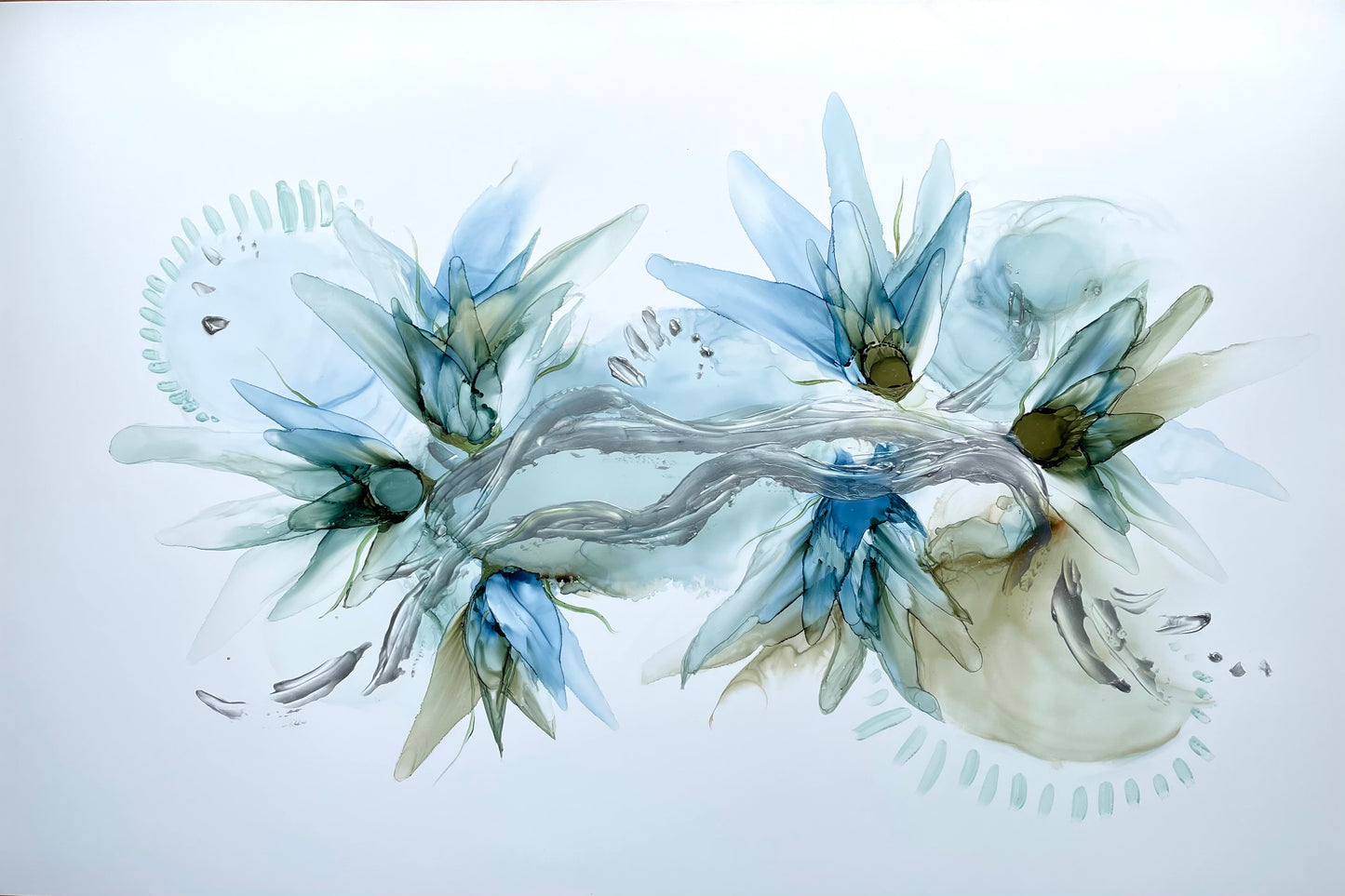 In The Gentle Breeze | large abstract artwork in blue, silver and green