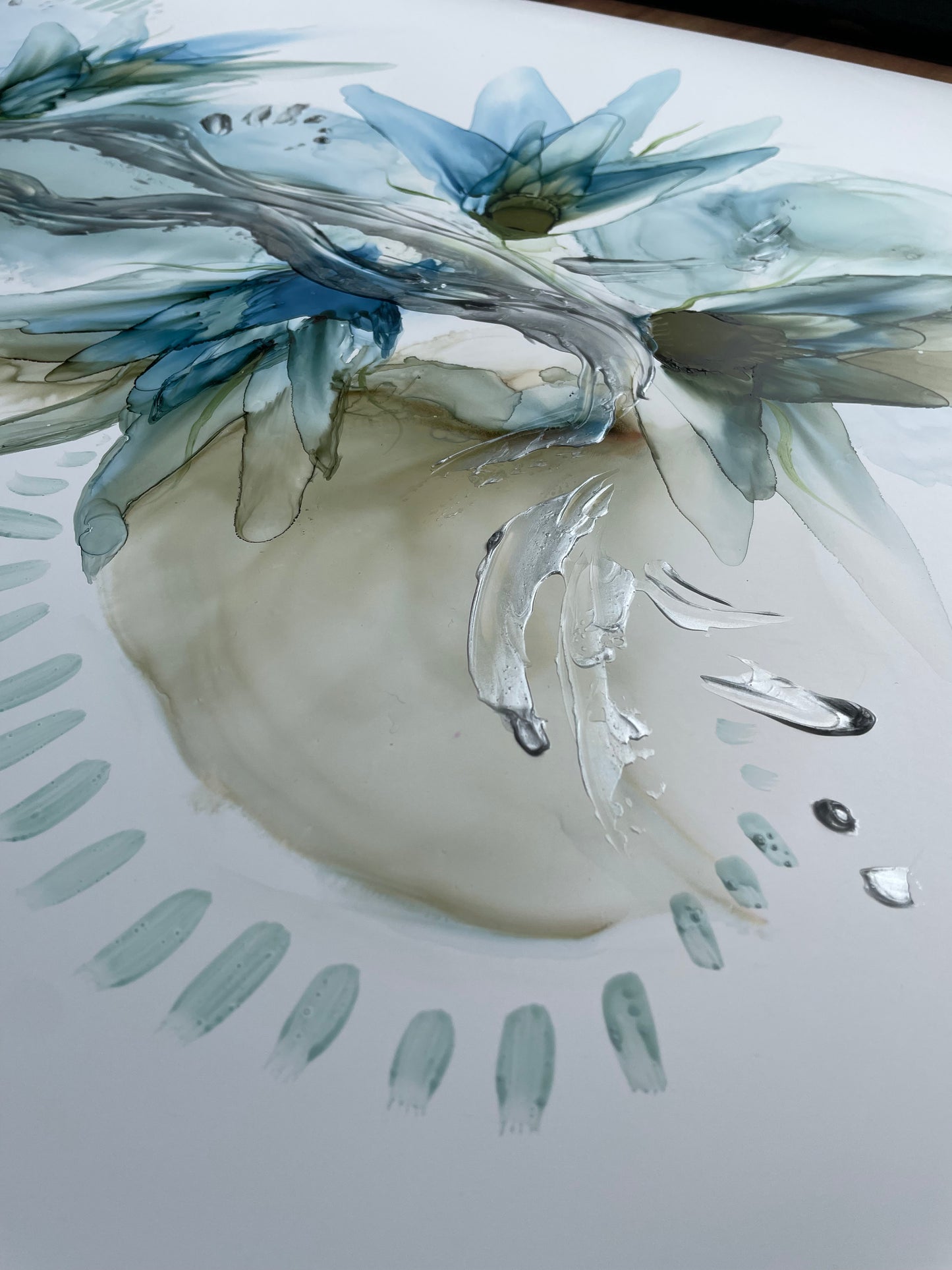 In The Gentle Breeze | large abstract artwork in blue, silver and green