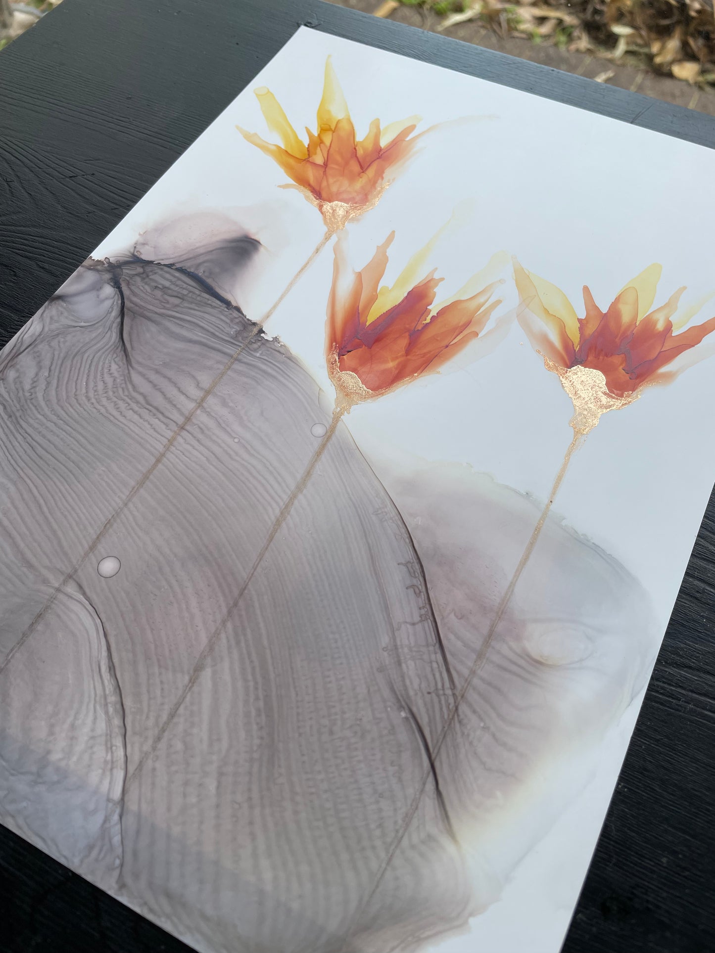 Fire and Smoke - Small alcohol ink painting with copper flowers