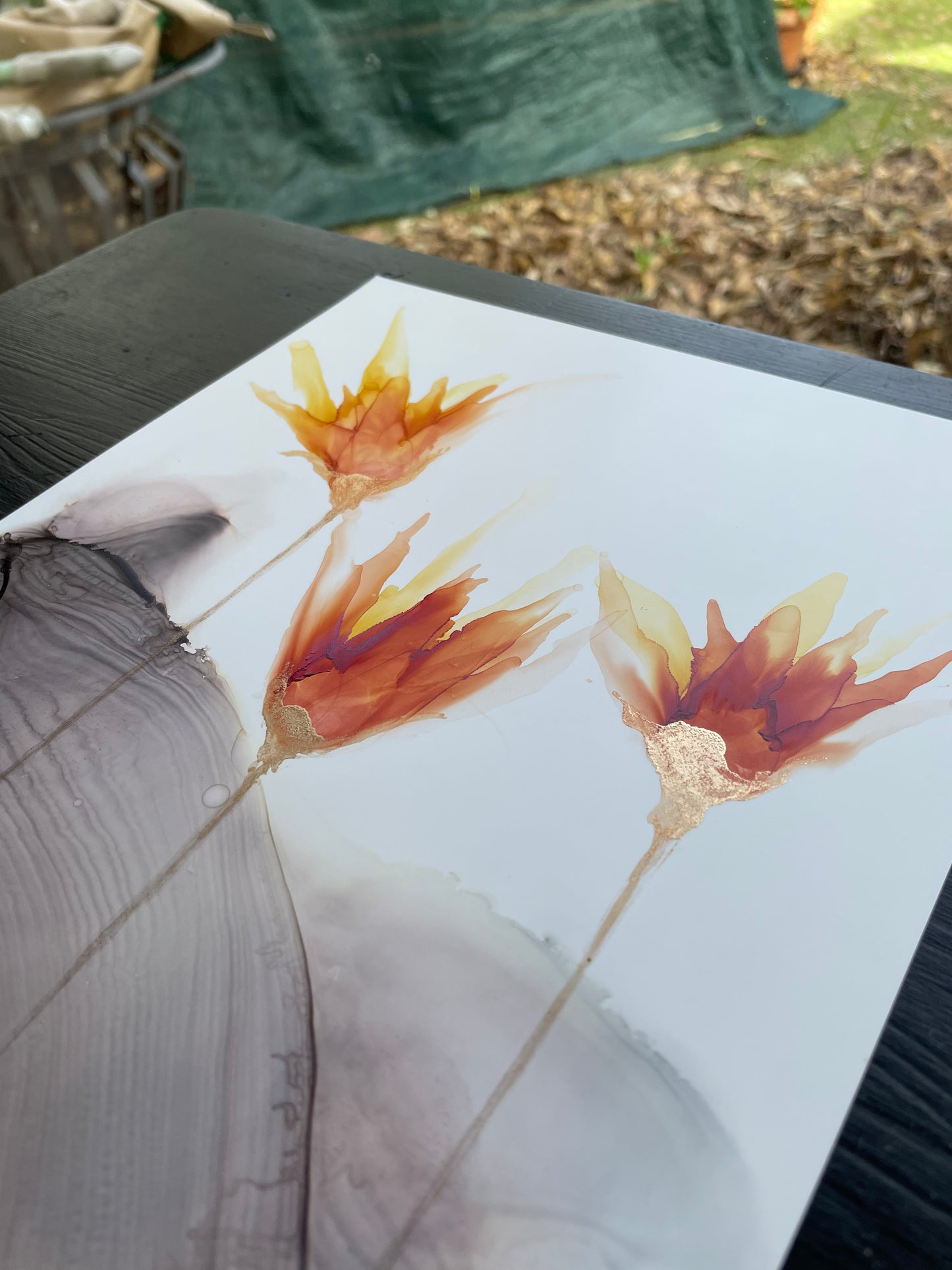 Fire and Smoke - Small alcohol ink painting with copper flowers