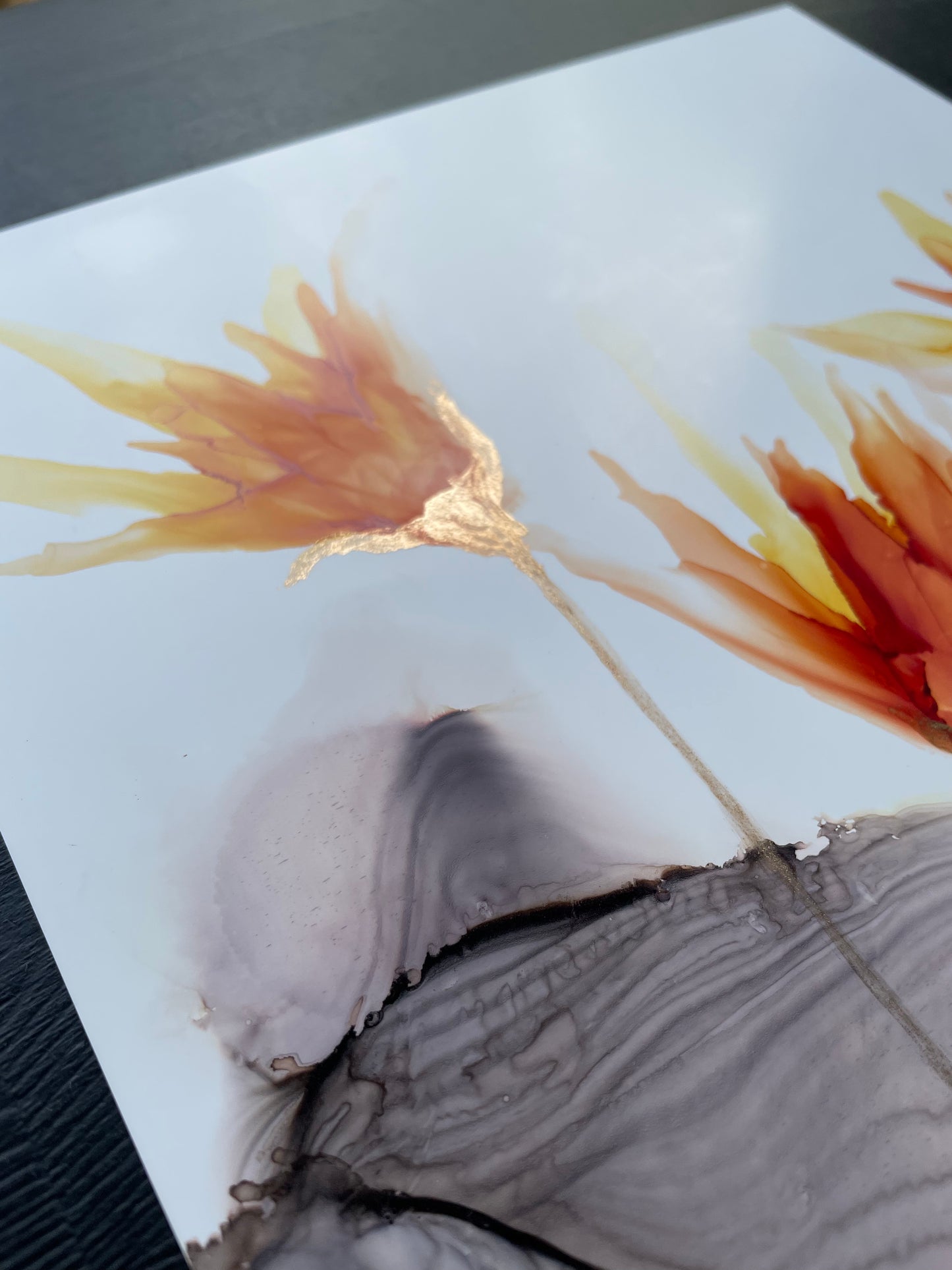 Fire and Smoke - Small alcohol ink painting with copper flowers