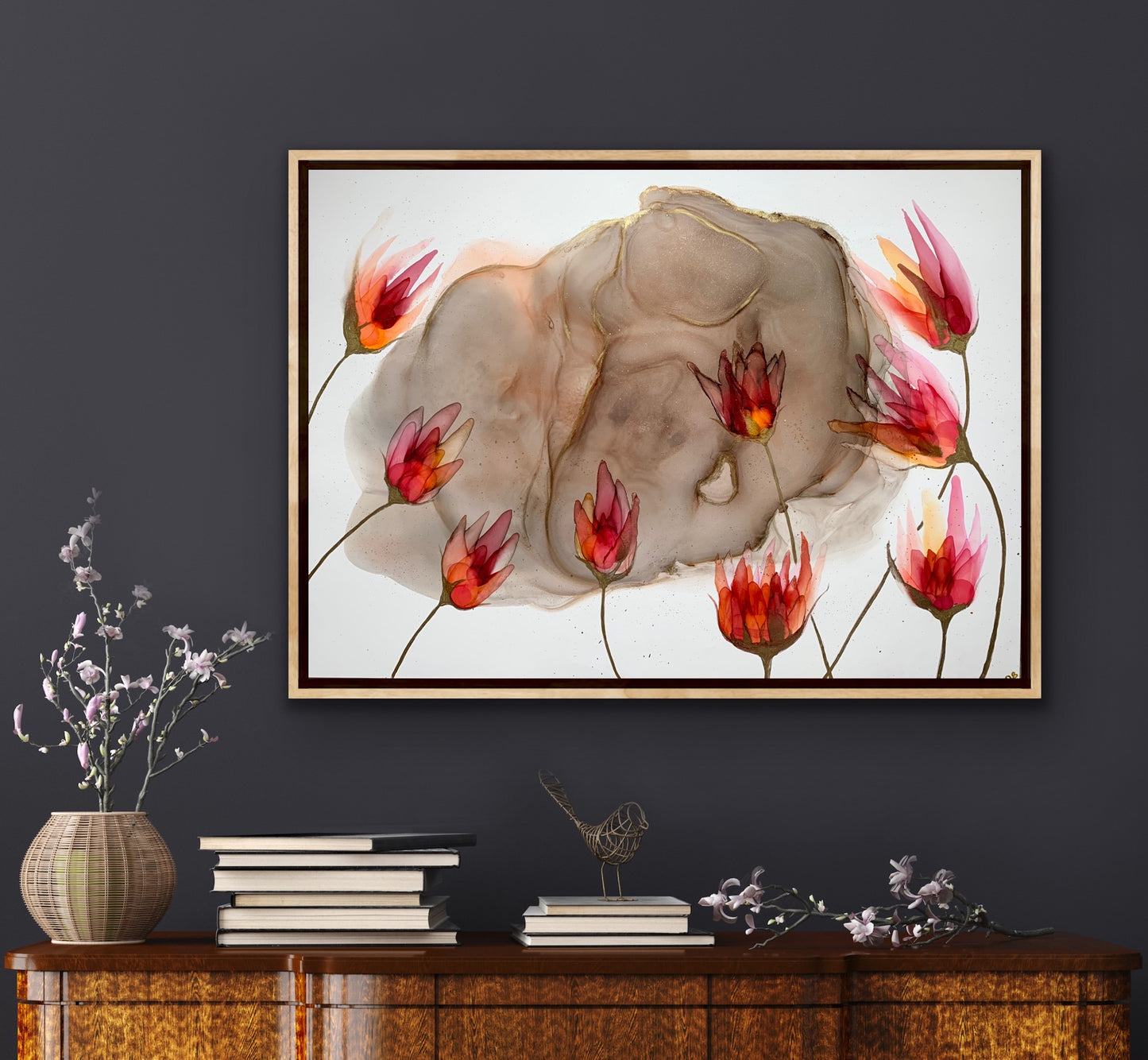 Rain Dance - Original abstract art with red flowers