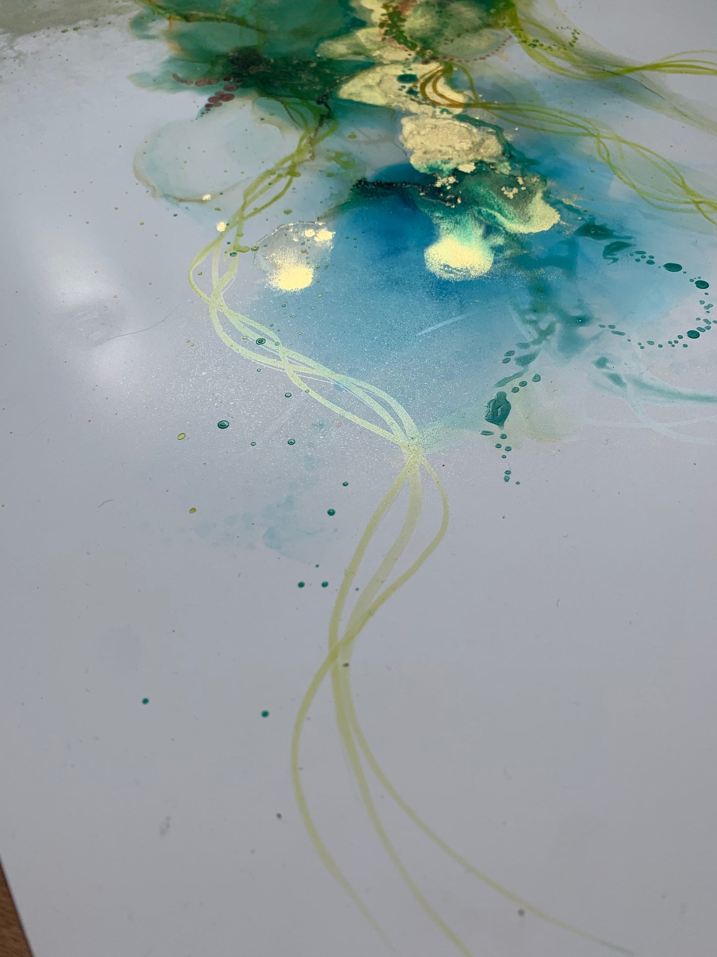 The Estuary - Original abstract painting in blues, green and gold.