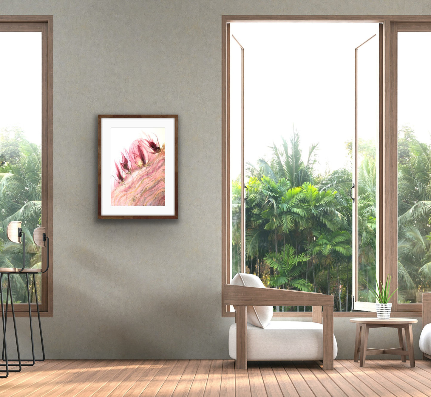 Veiled, original abstract floral art in pink and gold.