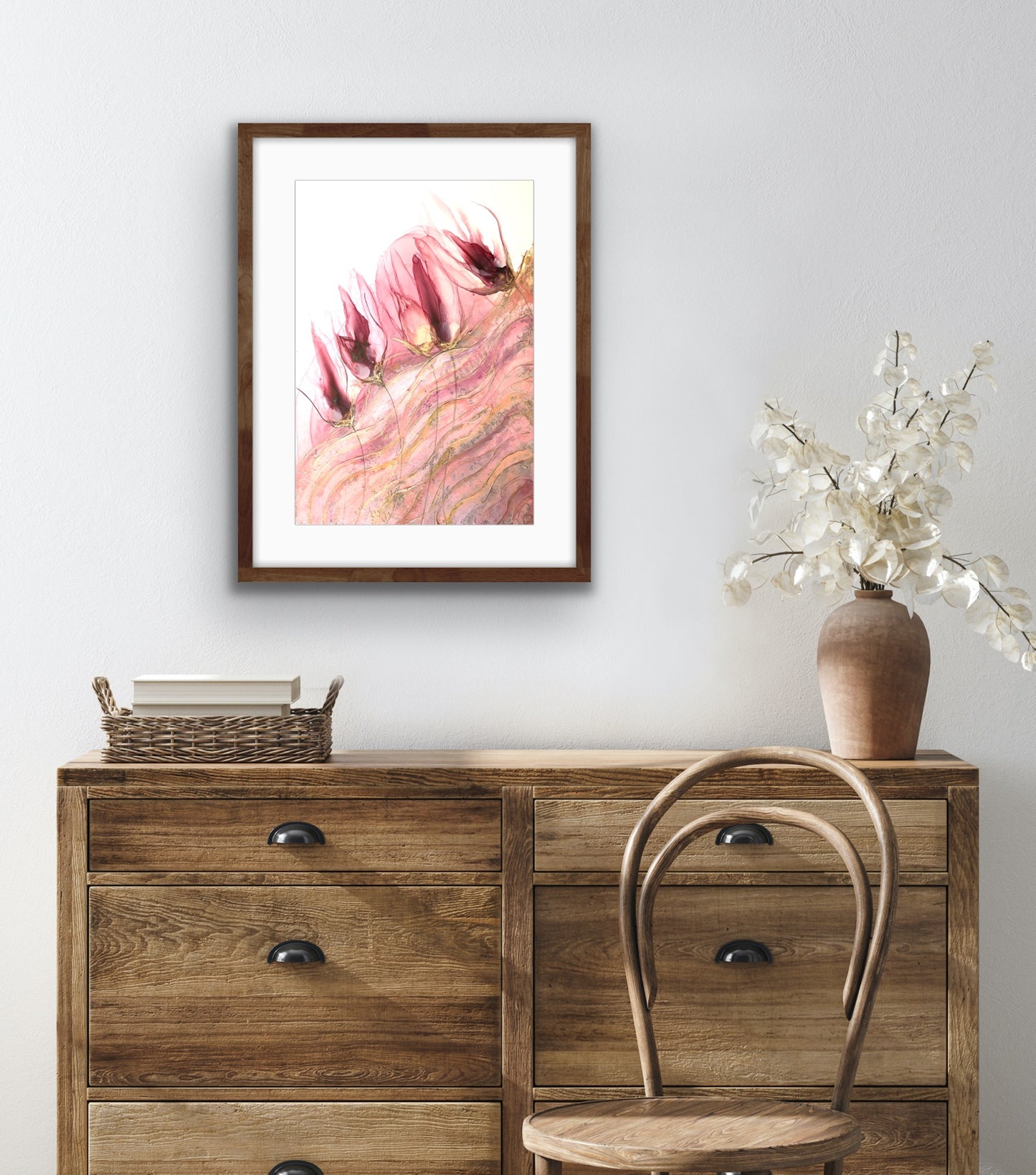 Veiled, original abstract floral art in pink and gold.