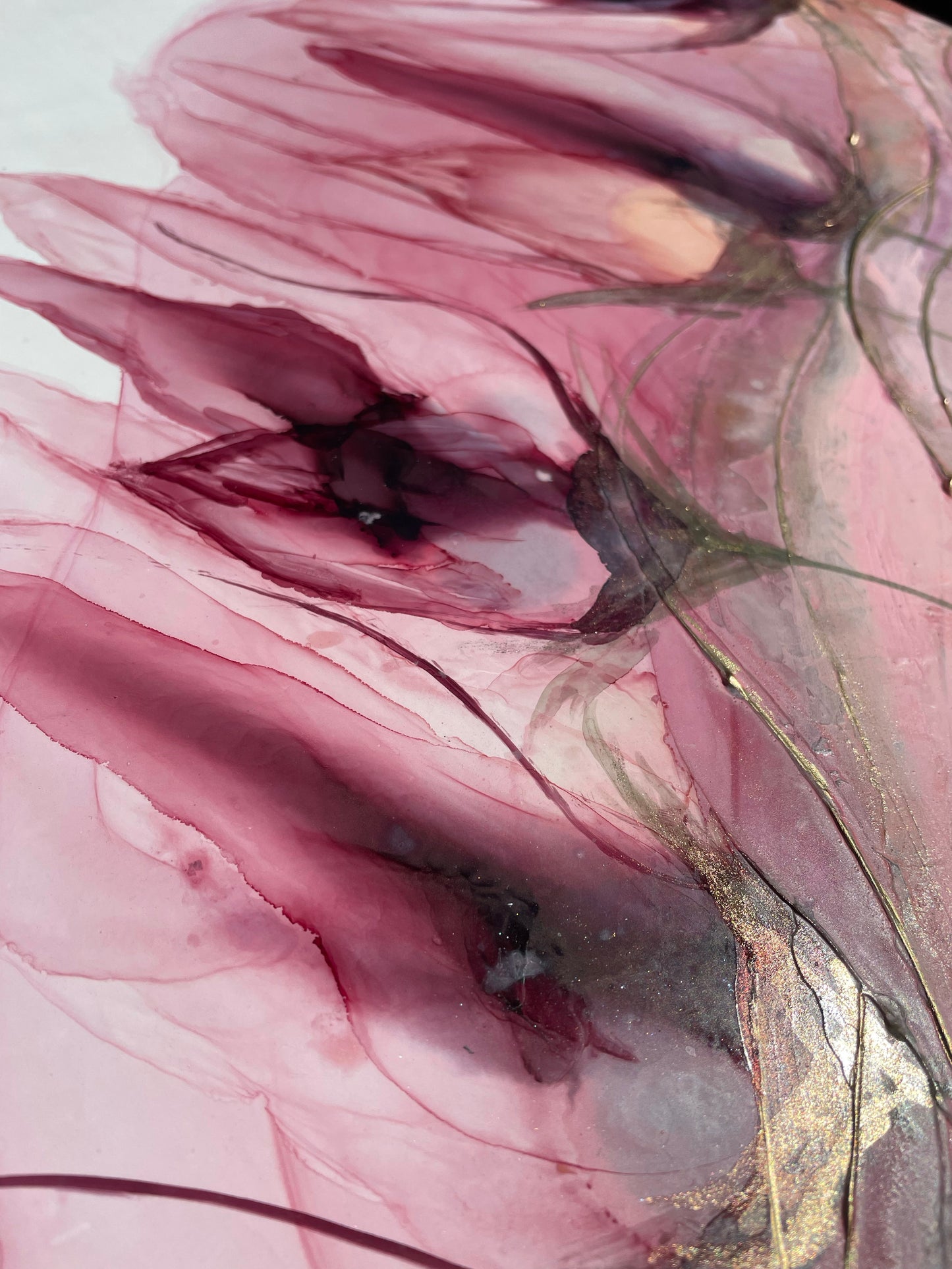 Veiled, original abstract floral art in pink and gold.