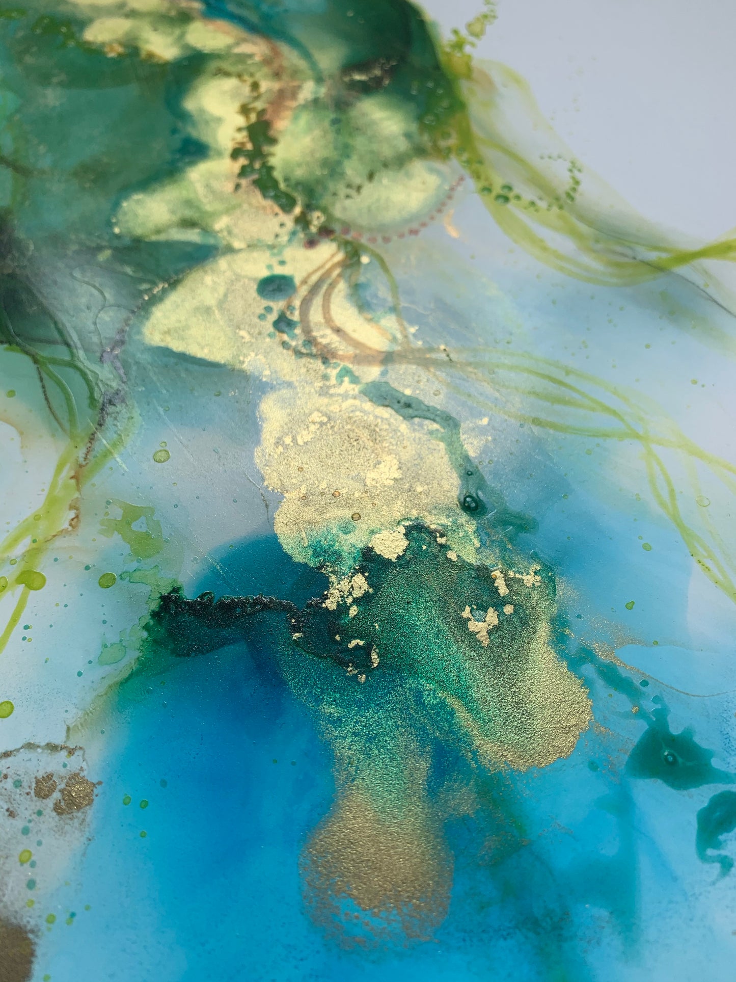 The Estuary - Original abstract painting in blues, green and gold.