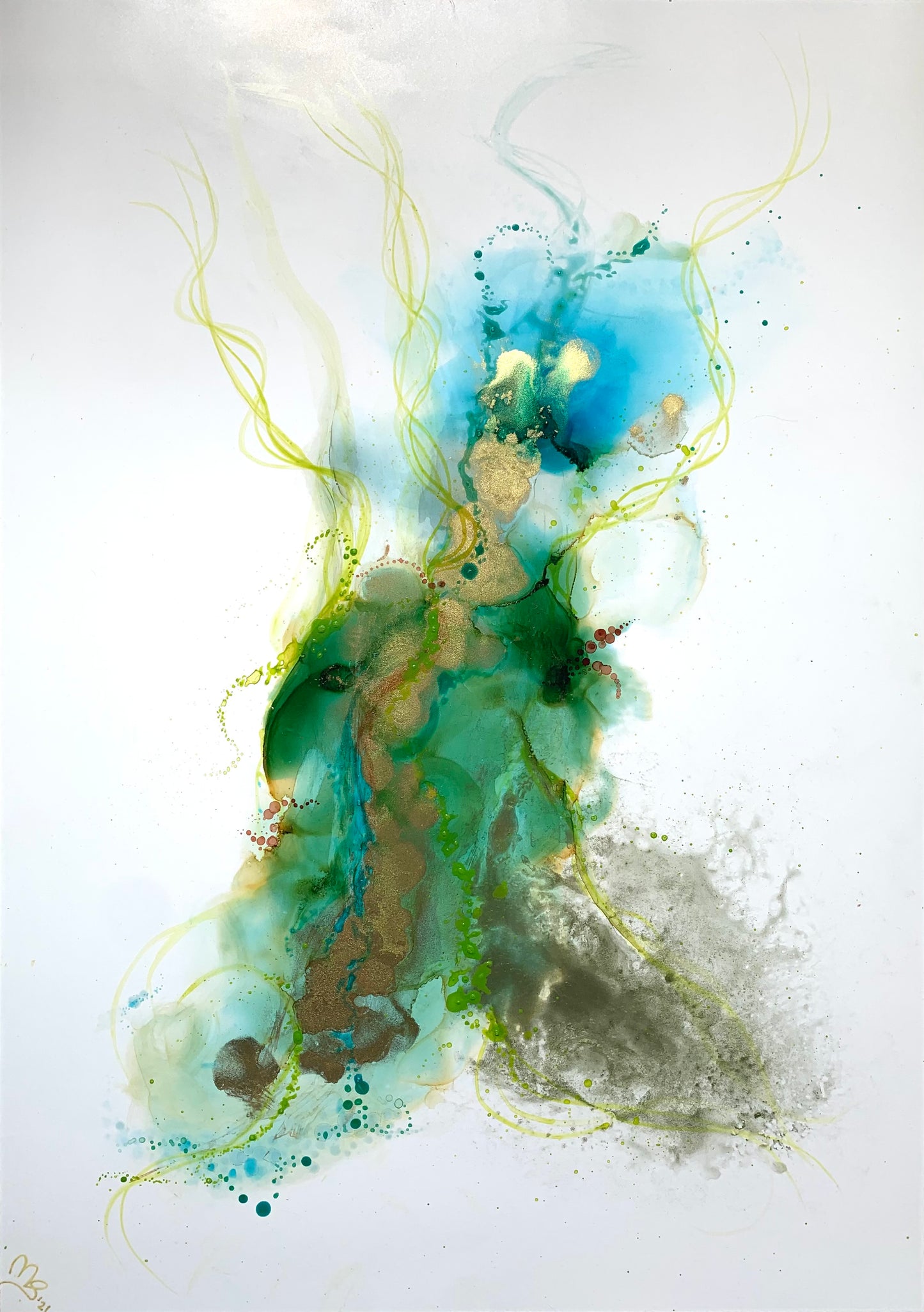 The Estuary - Original abstract painting in blues, green and gold.