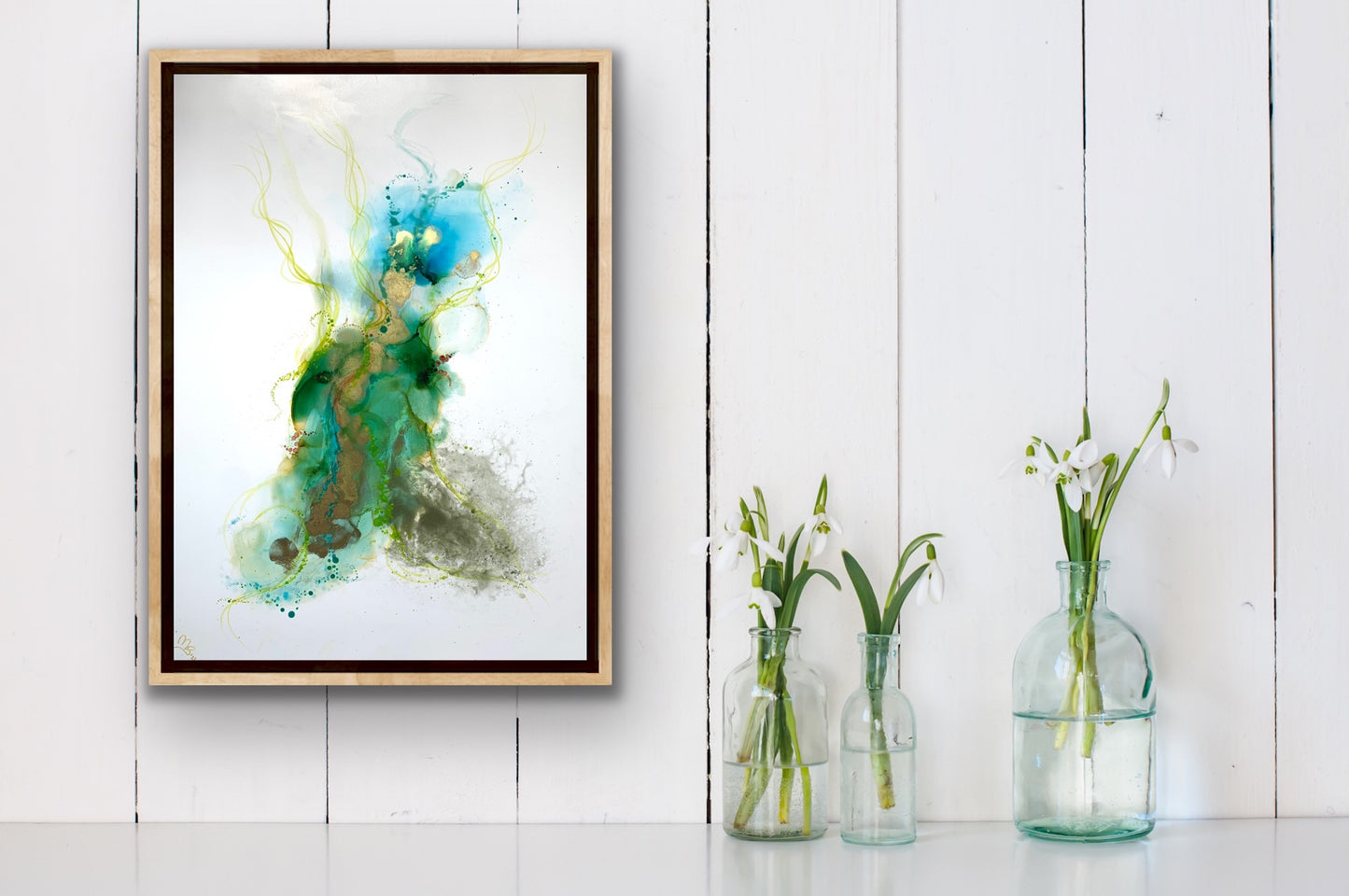 The Estuary - Original abstract painting in blues, green and gold.