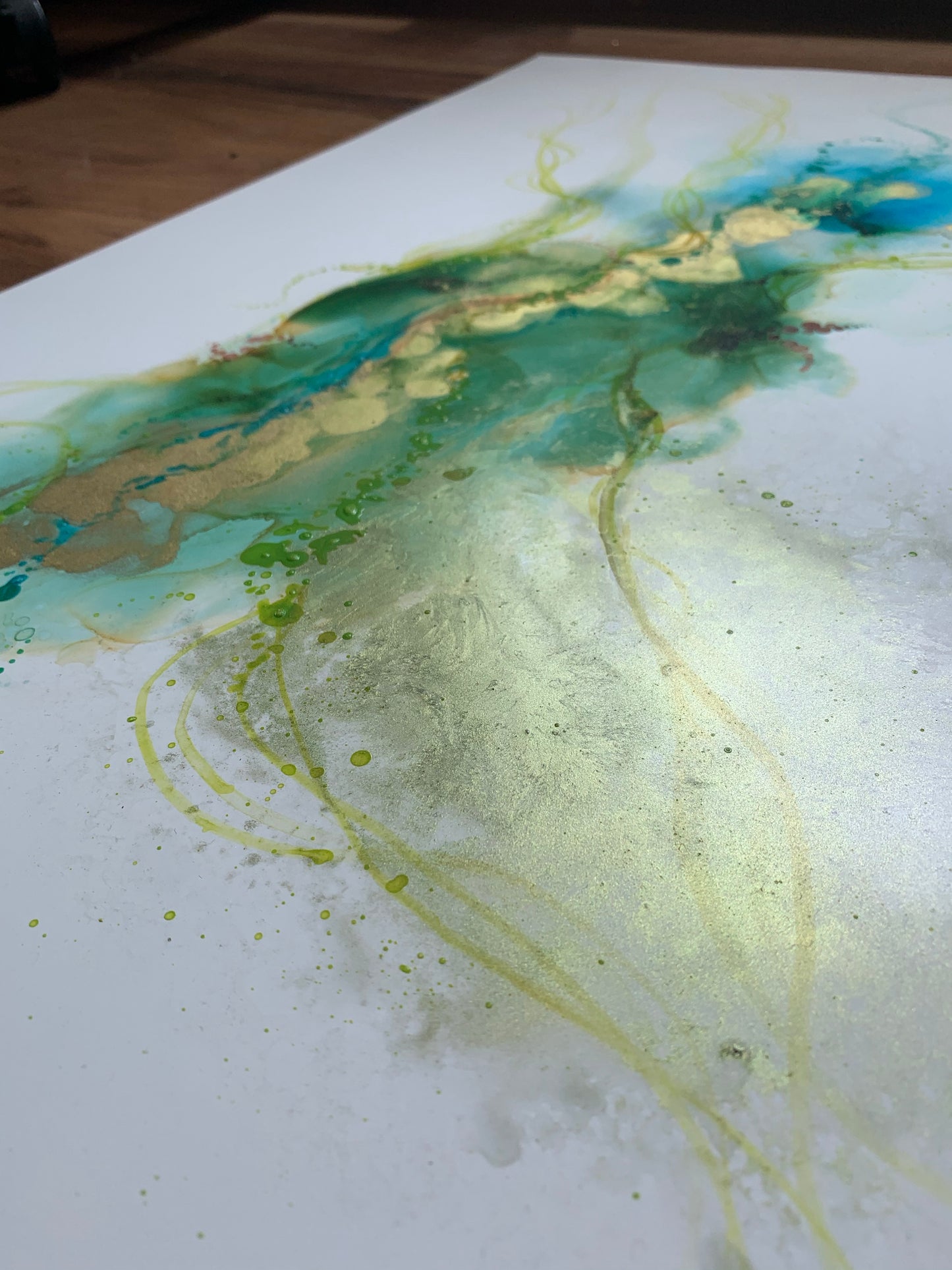 The Estuary - Original abstract painting in blues, green and gold.