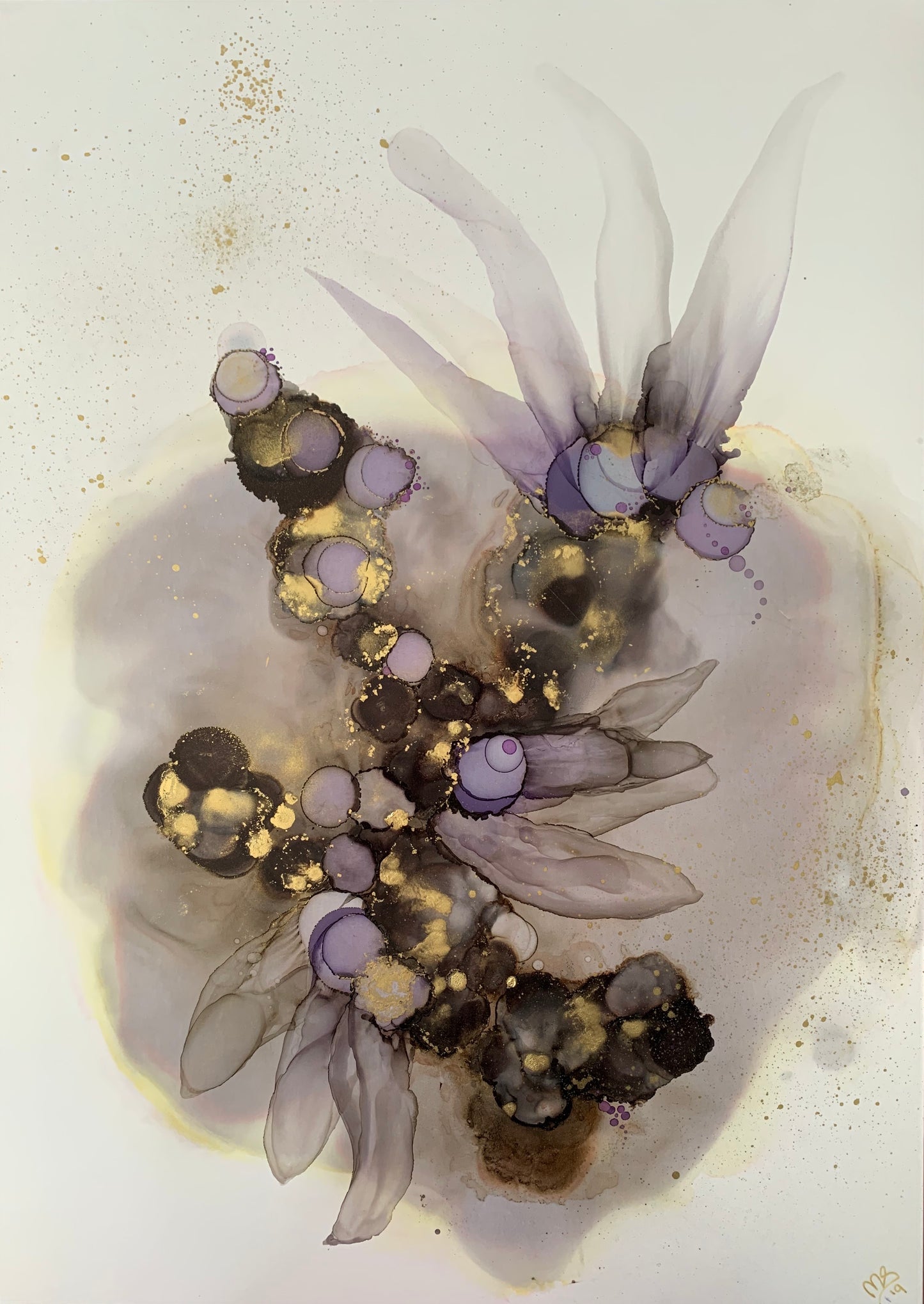 'Dancing in the Shadows II', large alcohol ink painting with flowers. Floral abstract art in black, gold and purple. - Aesthetic Alchemy Art
