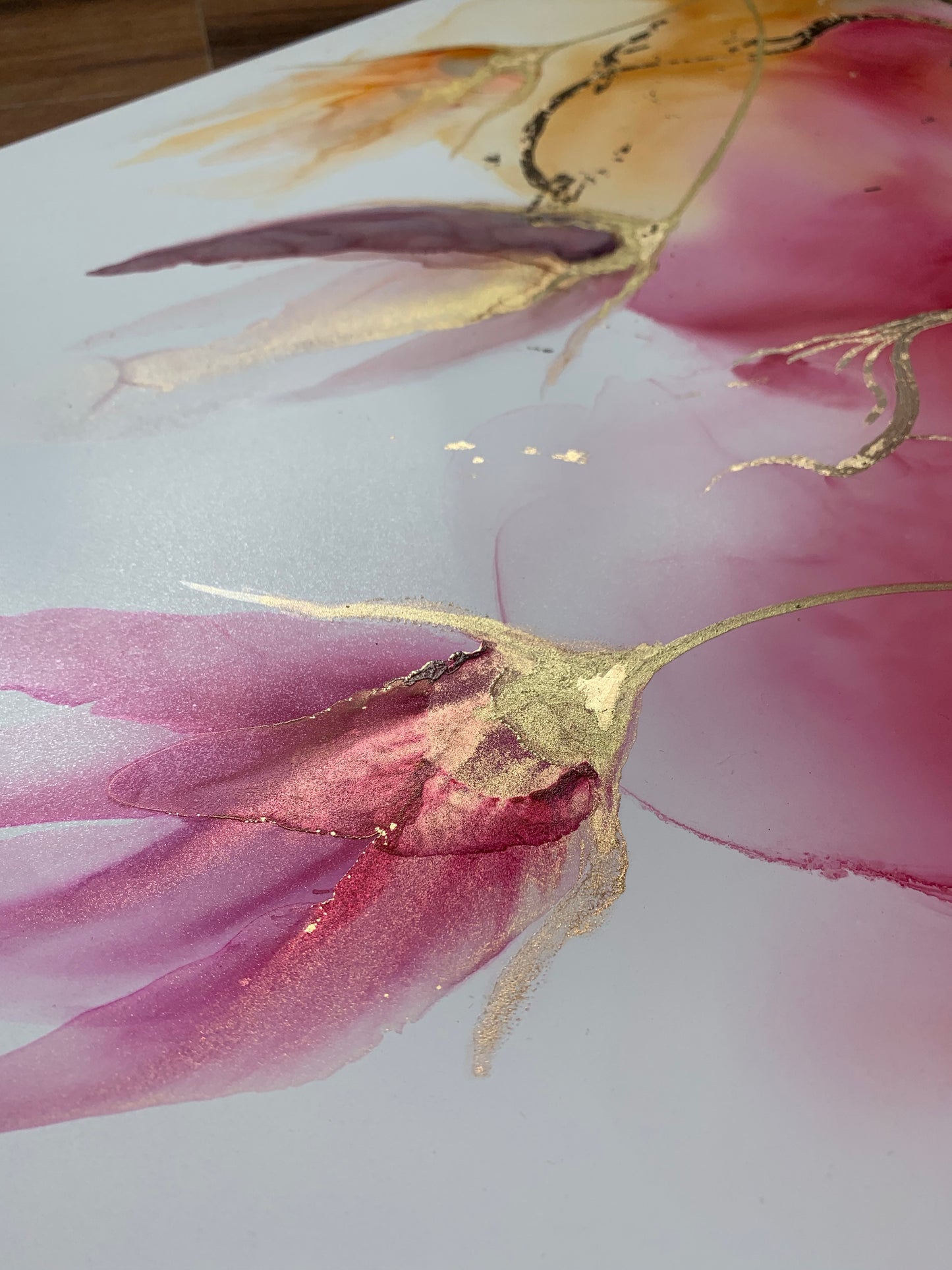 The Golden Hour - original floral alcohol ink painting with gold leaf.