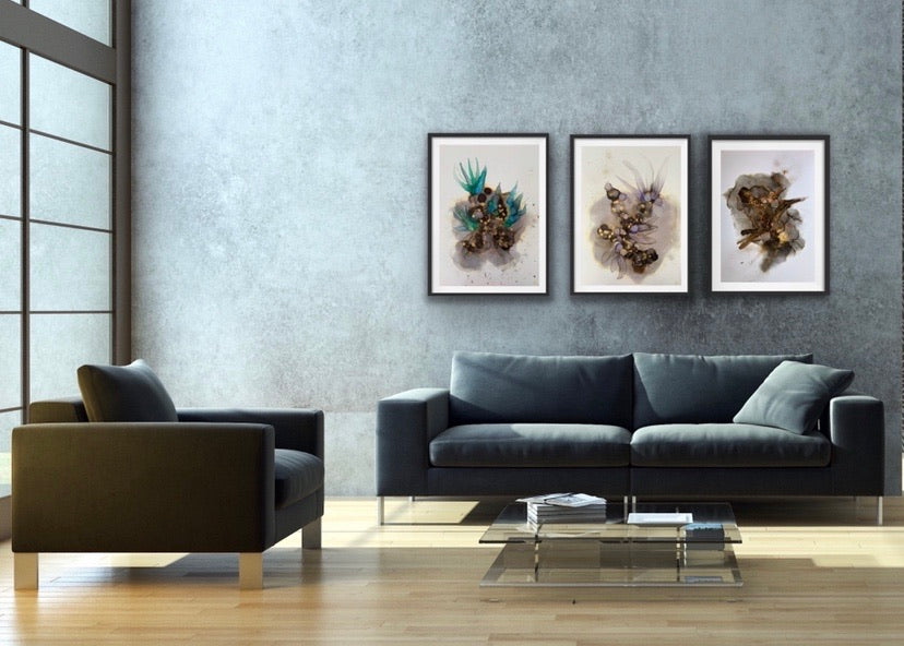 'Dancing in the Shadows I', large alcohol ink painting with flowers. Floral abstract art in black, gold and turquoise. - Aesthetic Alchemy Art