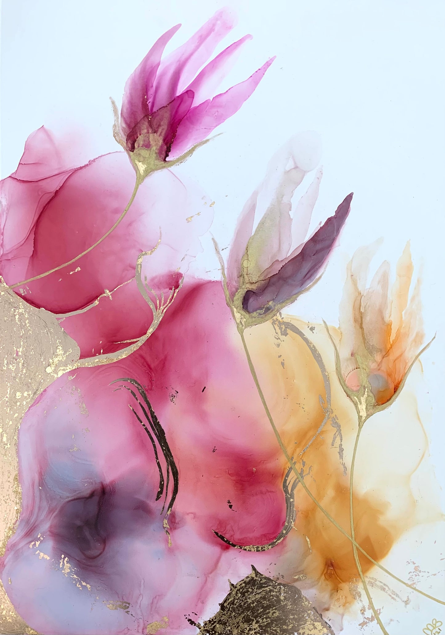 The Golden Hour - original floral alcohol ink painting with gold leaf.