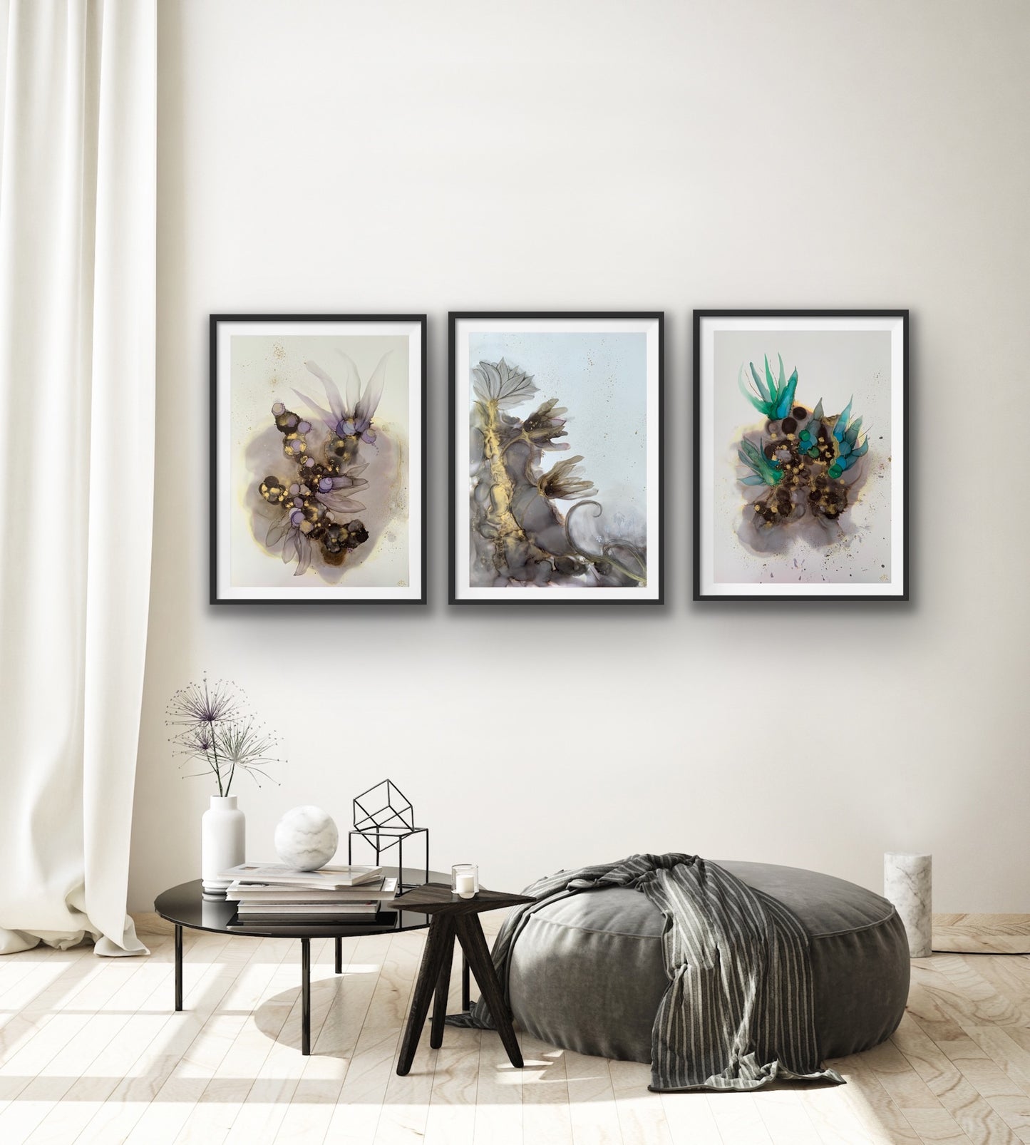 Dancing in the Shadows II, large alcohol ink painting with flowers.