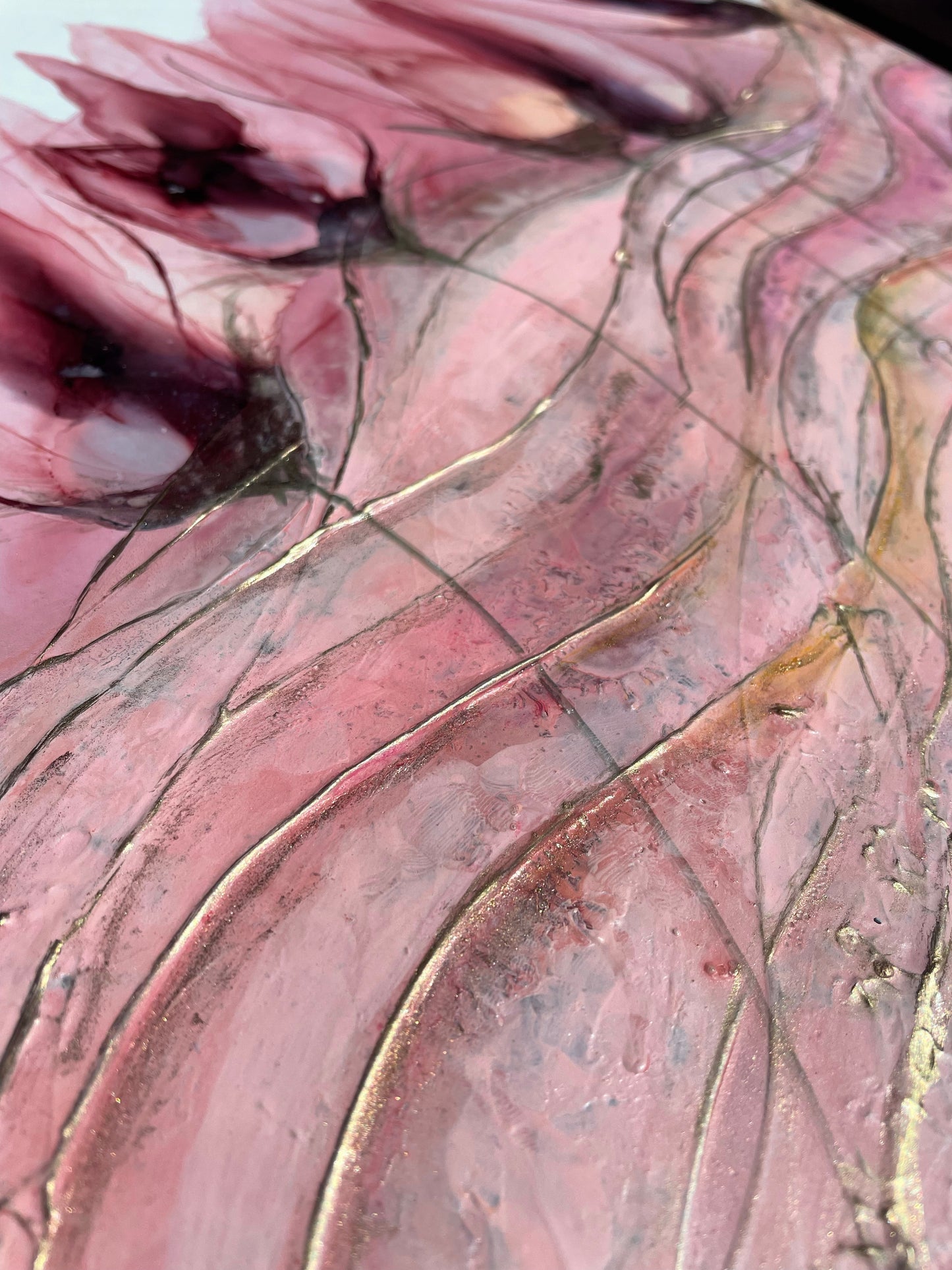 Veiled, original abstract floral art in pink and gold.