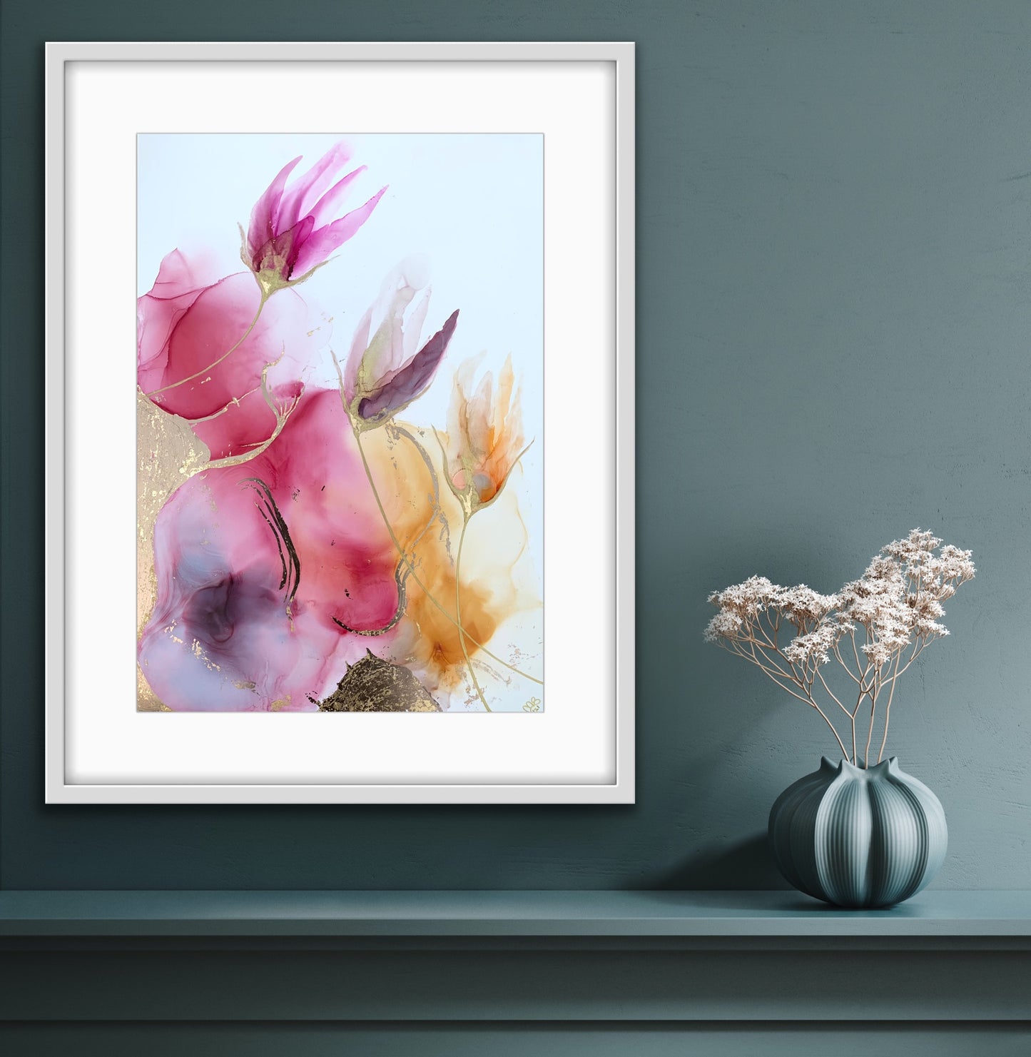 The Golden Hour - original floral alcohol ink painting with gold leaf.