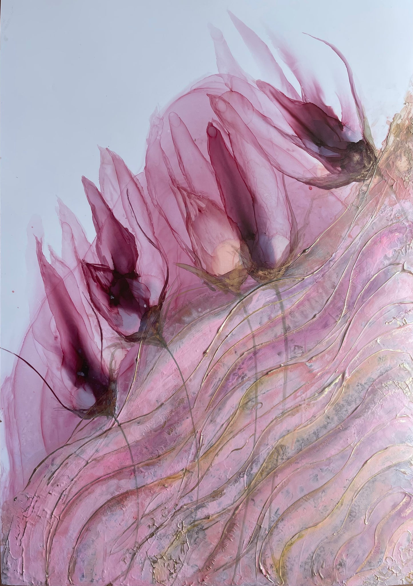 Veiled, original abstract floral art in pink and gold.