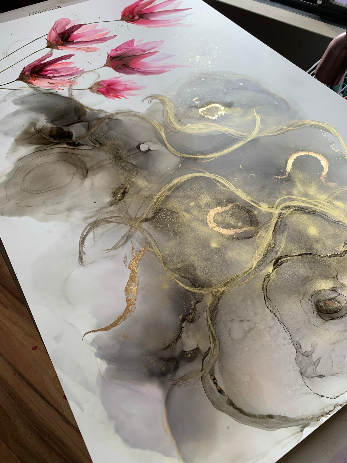 'The Tempest', large alcohol ink painting with flower. Floral abstract art. - Aesthetic Alchemy Art