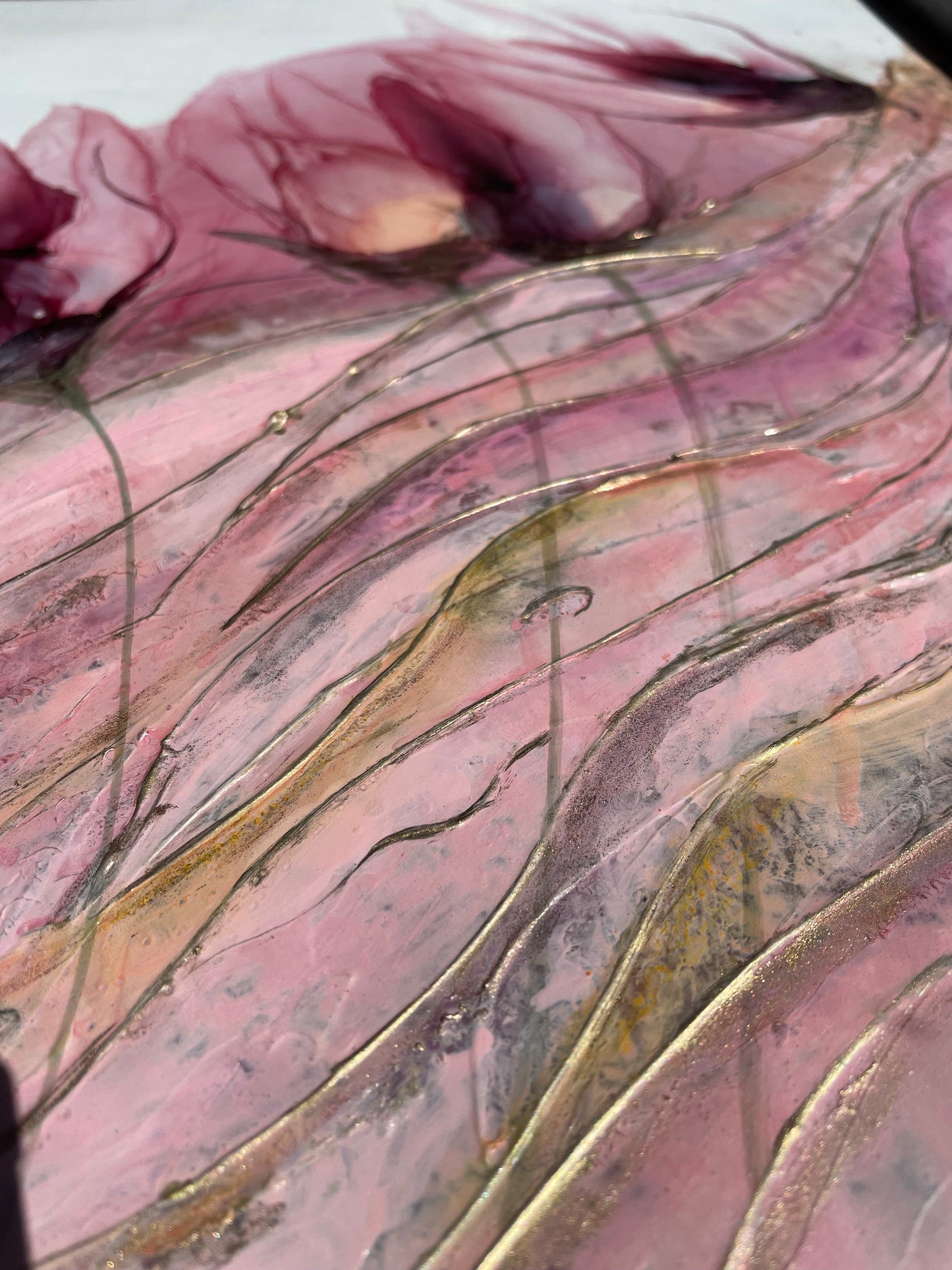 Veiled, original abstract floral art in pink and gold.