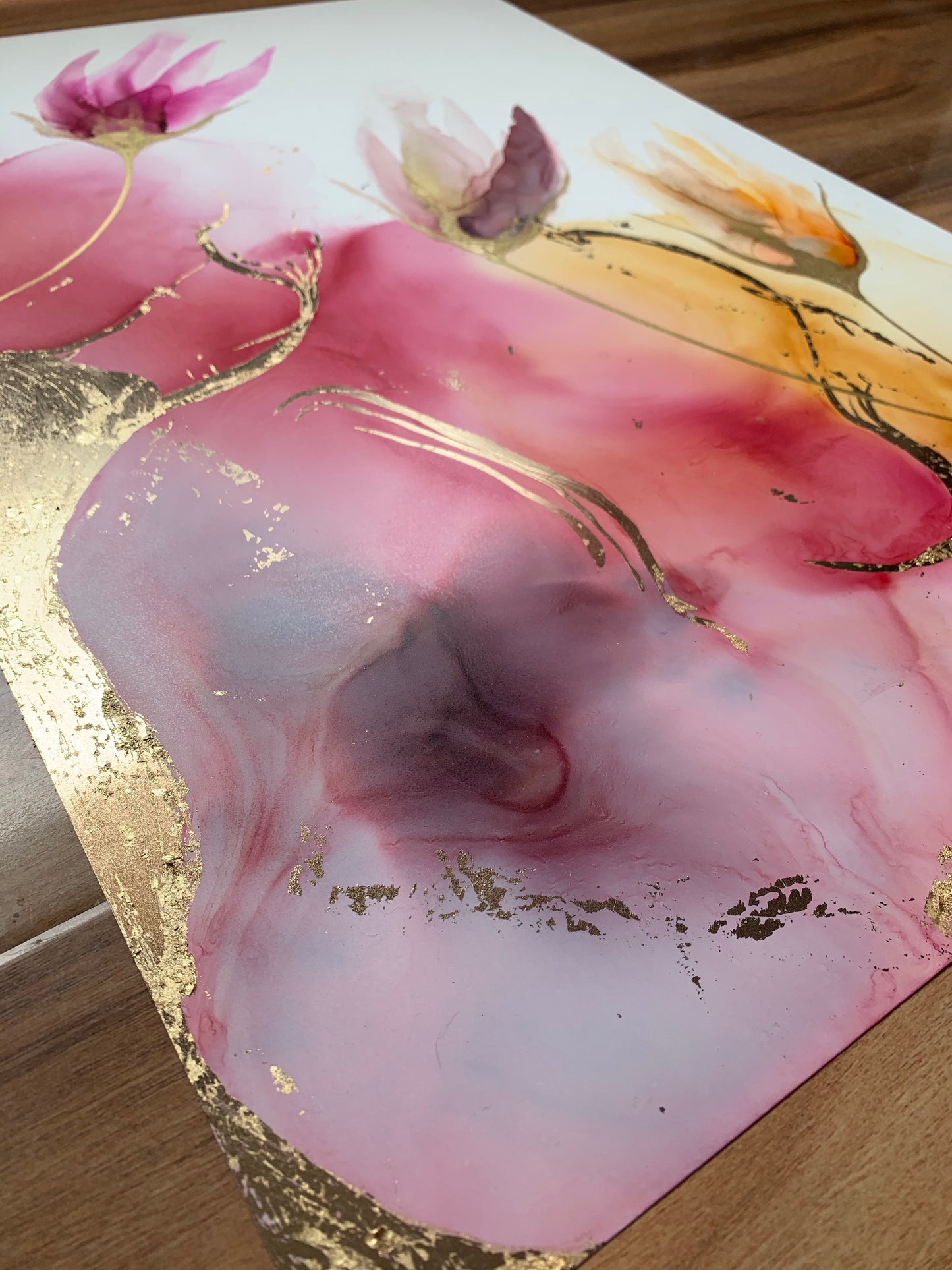 The Golden Hour - original floral alcohol ink painting with gold leaf.