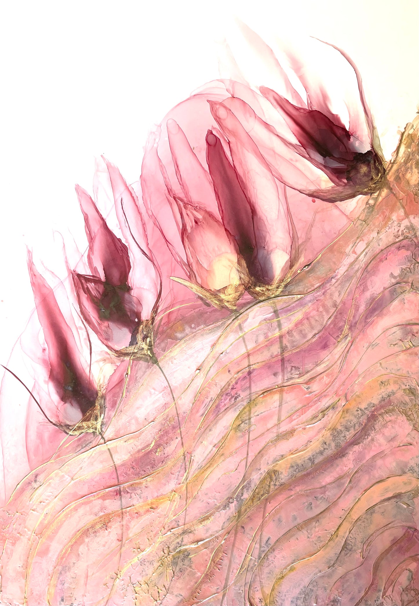 Veiled, original abstract floral art in pink and gold.