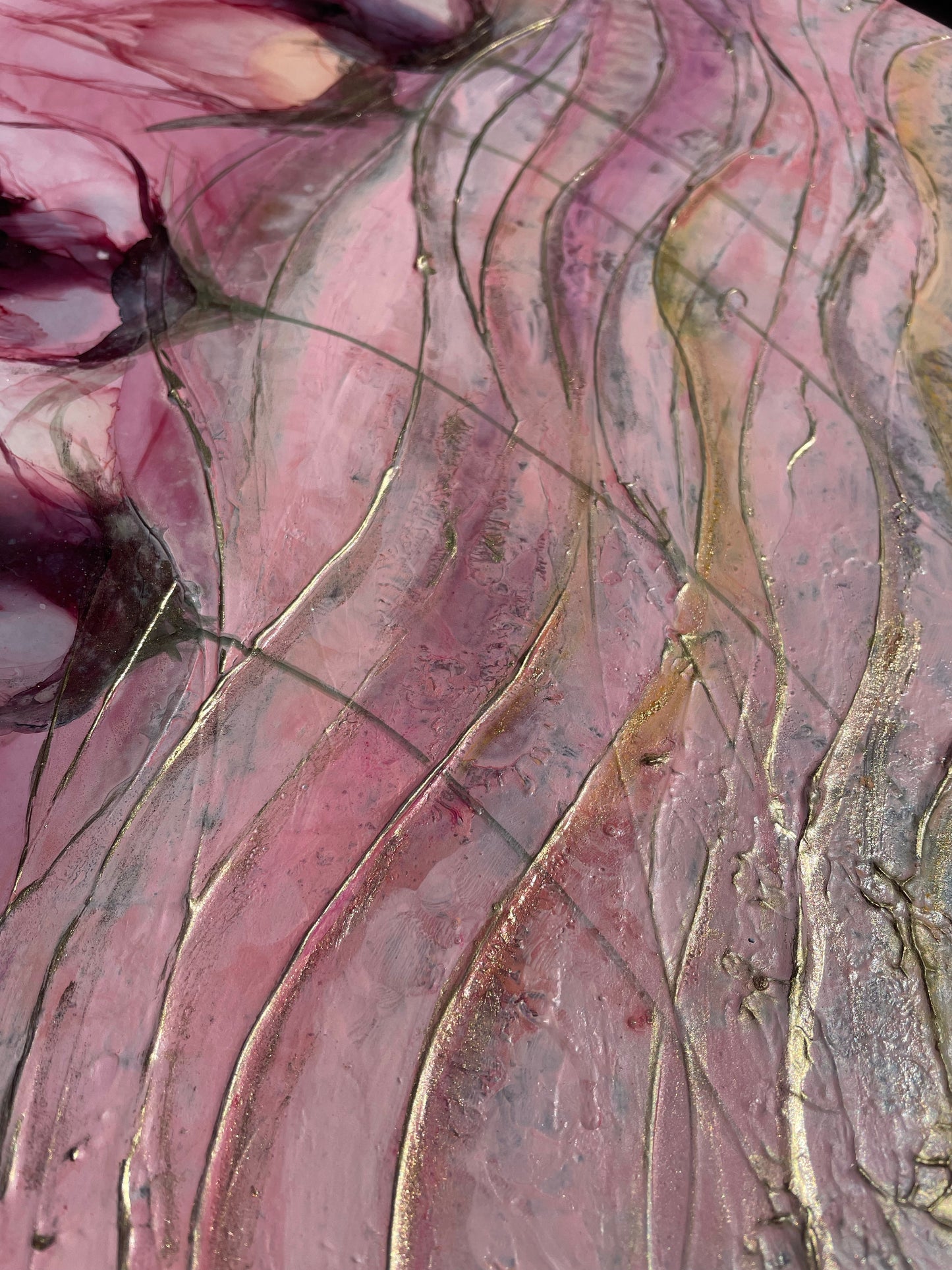 Veiled, original abstract floral art in pink and gold.