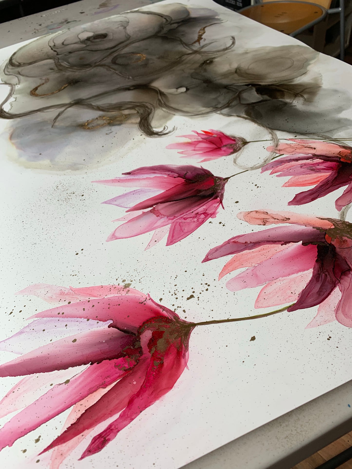 'The Tempest', large alcohol ink painting with flower. Floral abstract art. - Aesthetic Alchemy Art