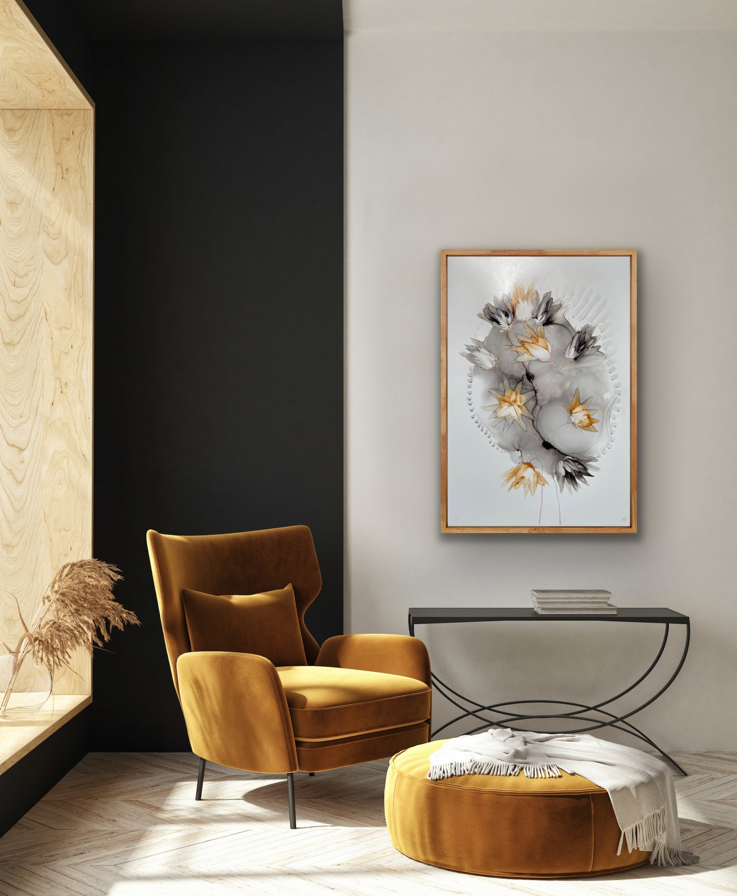 Grey Skies, original abstract floral art in grey and ochre.