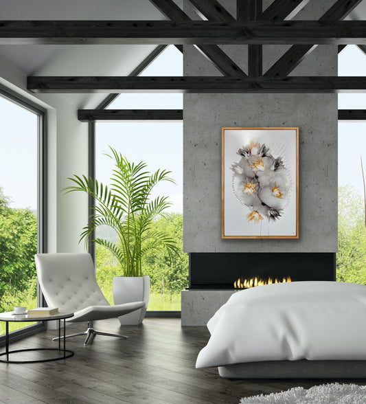 Grey Skies, original abstract floral art in grey and ochre.