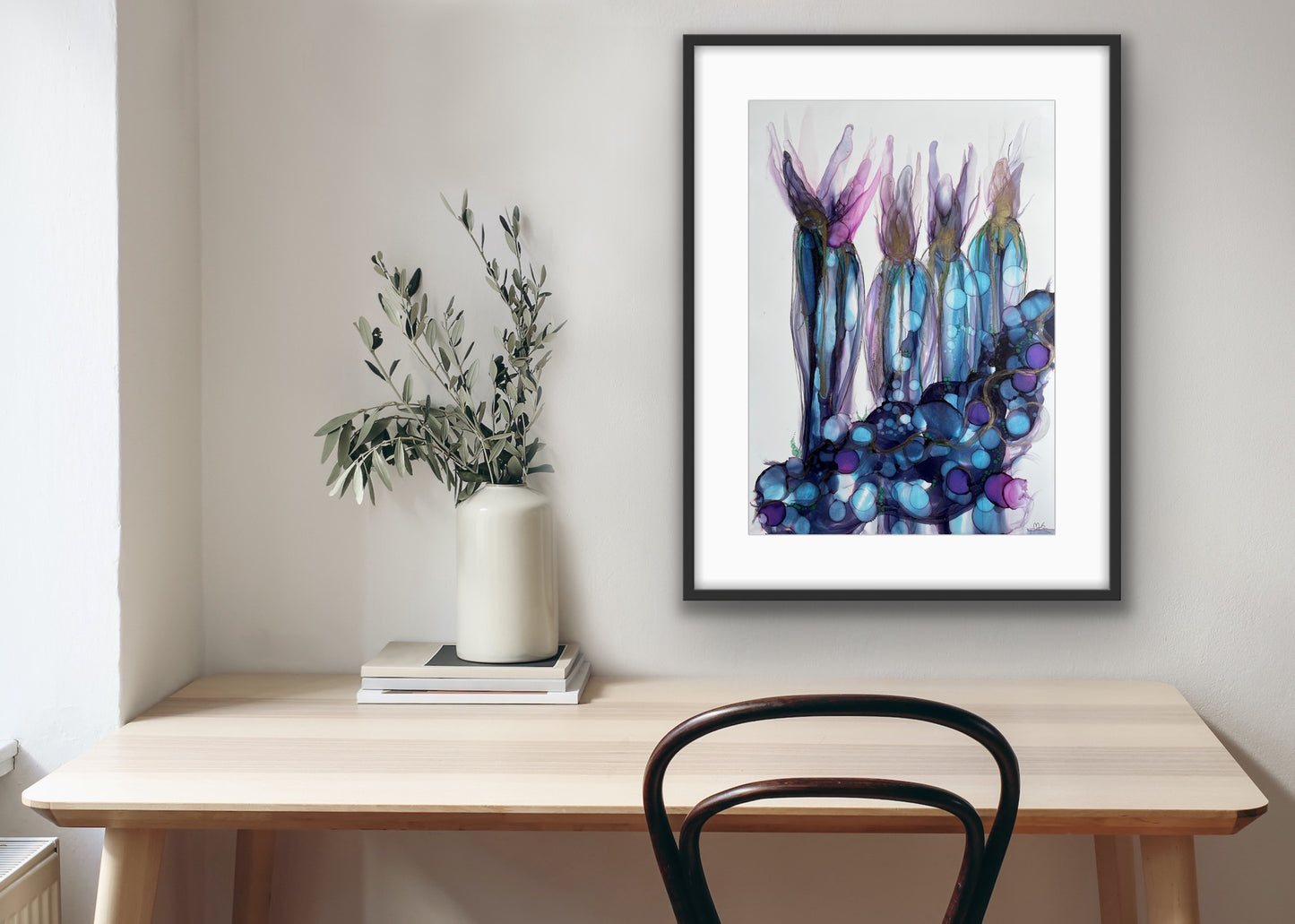 Night Blooming Cactus-Original abstract art with blue flowering cacti