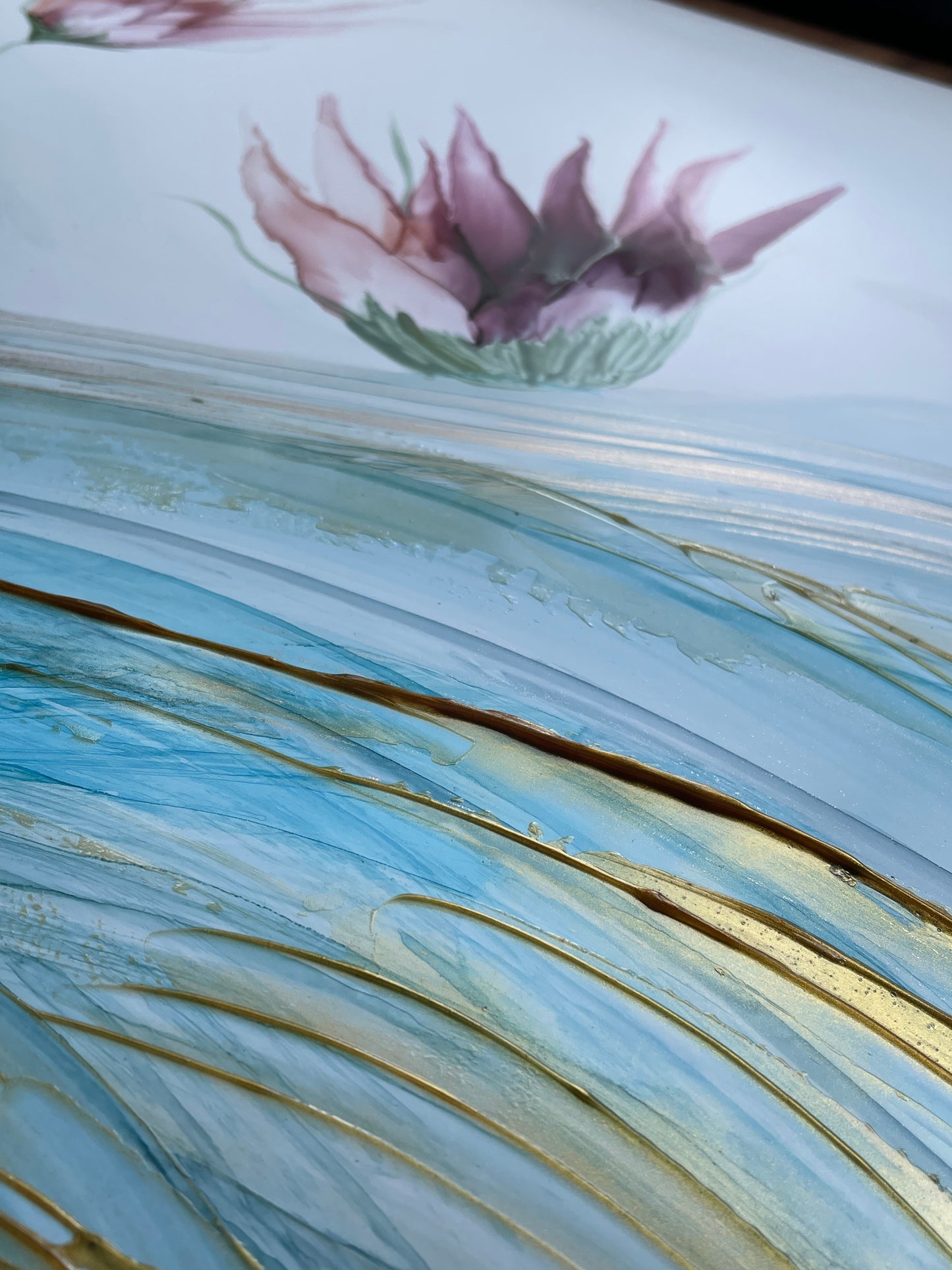 Ethereal Waves | Large floral alcohol ink artwork with waves and pink and purple flowers.