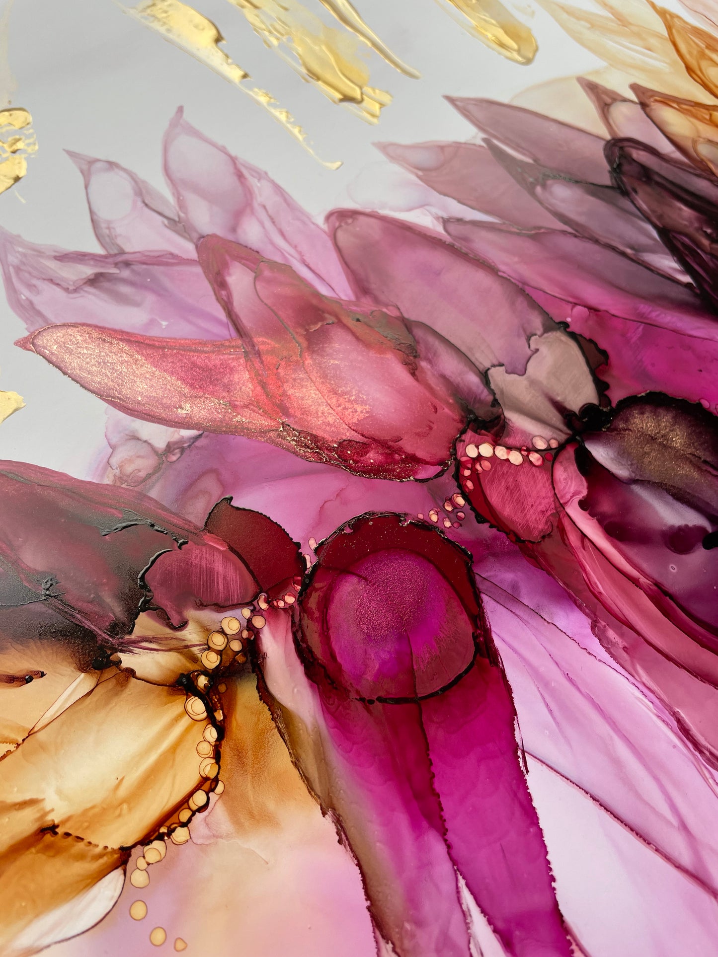 Glorious I Large floral textured abstract artwork in pink, purple and gold.