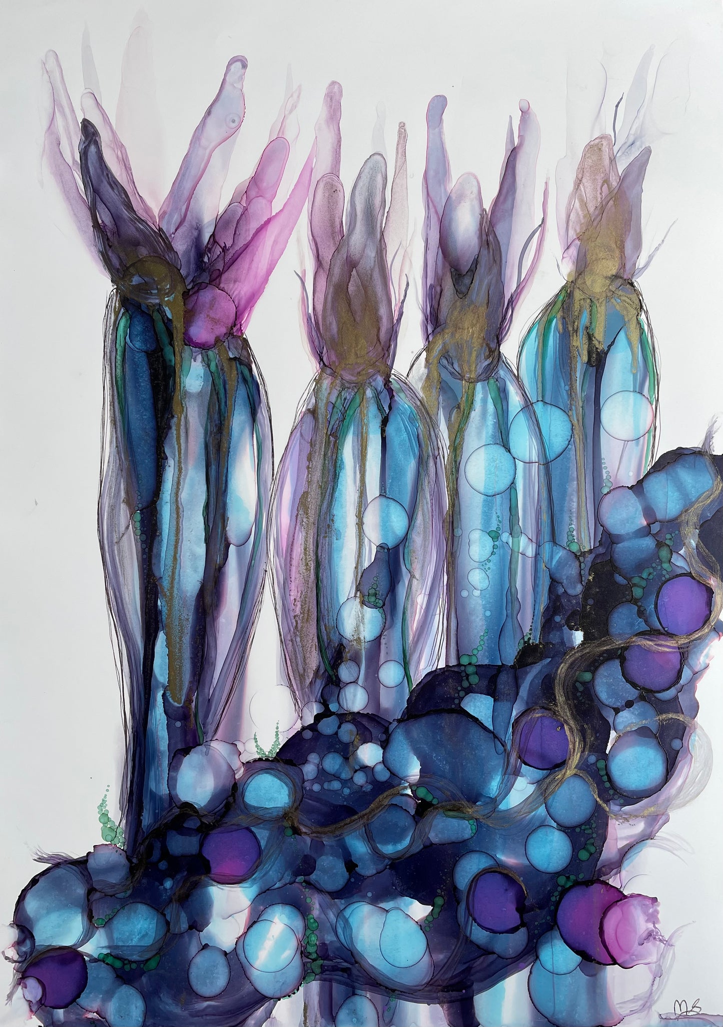 Night Blooming Cactus-Original abstract art with blue flowering cacti
