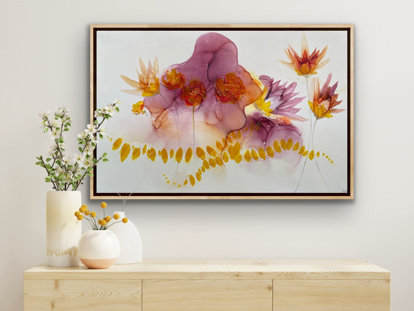 Wildflower at Dusk, original abstract floral art in bright in cheerful colors.
