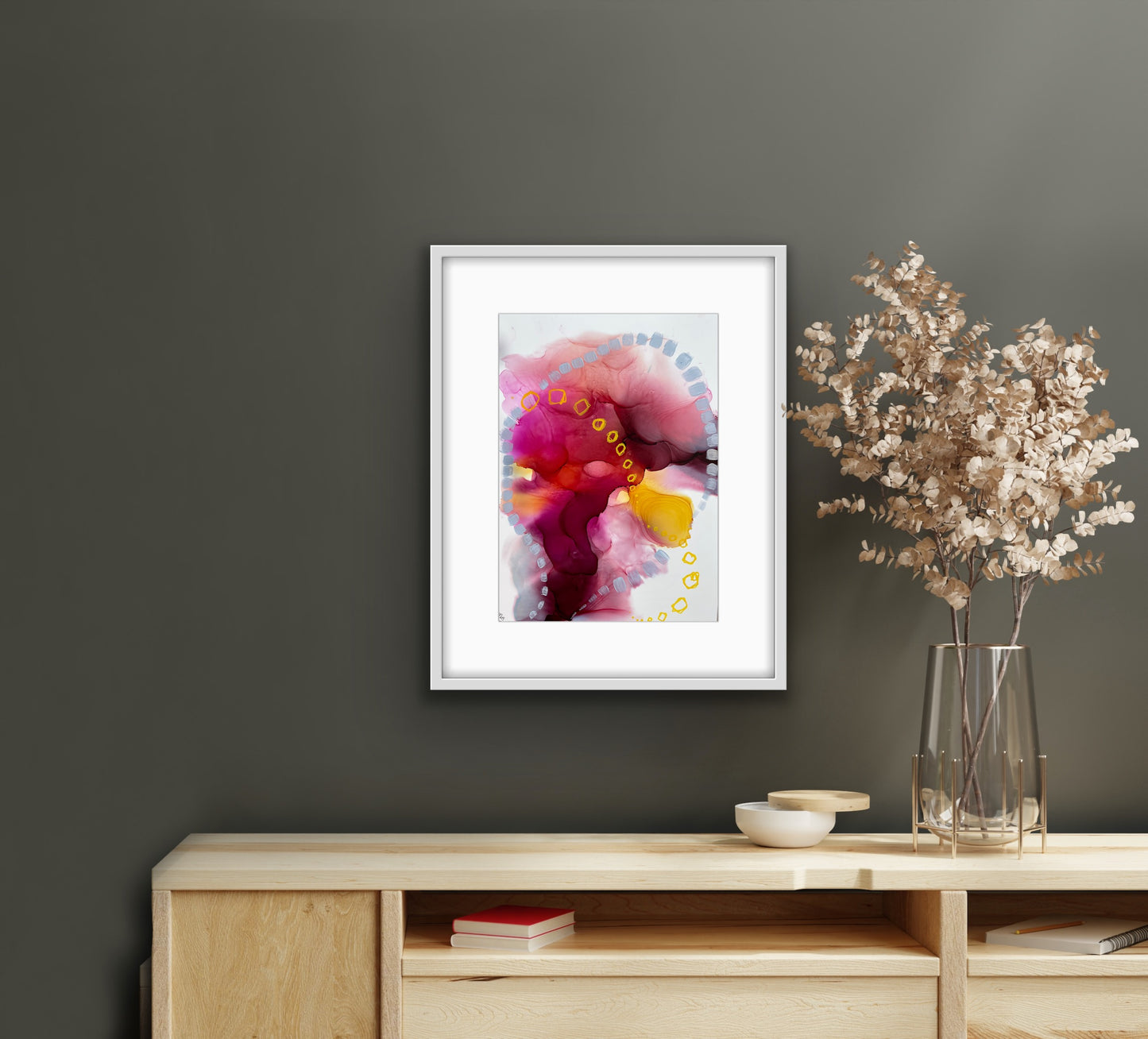 On a pink cloud - original abstract painting in red, pink and yellow.