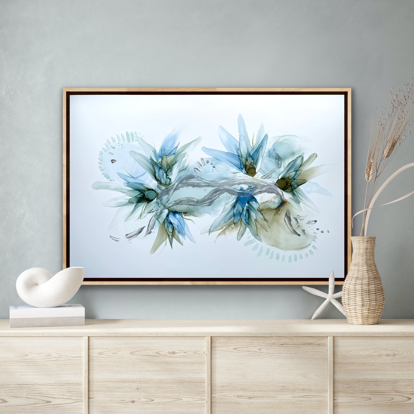 In The Gentle Breeze | large abstract artwork in blue, silver and green